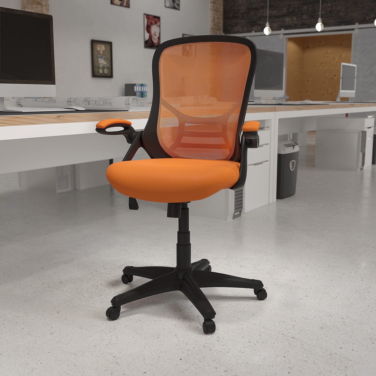 Flash Furniture Porter Mesh High Back Ergonomic Swivel Office Chair with Lumbar Support, Flip-Up Arms, Tilt Lock/Tilt Tension, Height Adjustable, Black/Black Frame