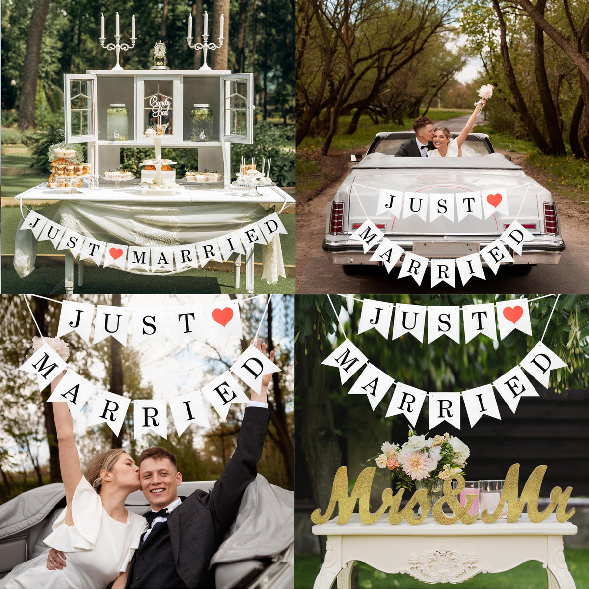 Large Golden Mr & Mrs Sign for Wedding Table with Just Married Banner - Gold Glitter Freestanding Letter Decorations for Party or Holiday - Indoor and Outdoor