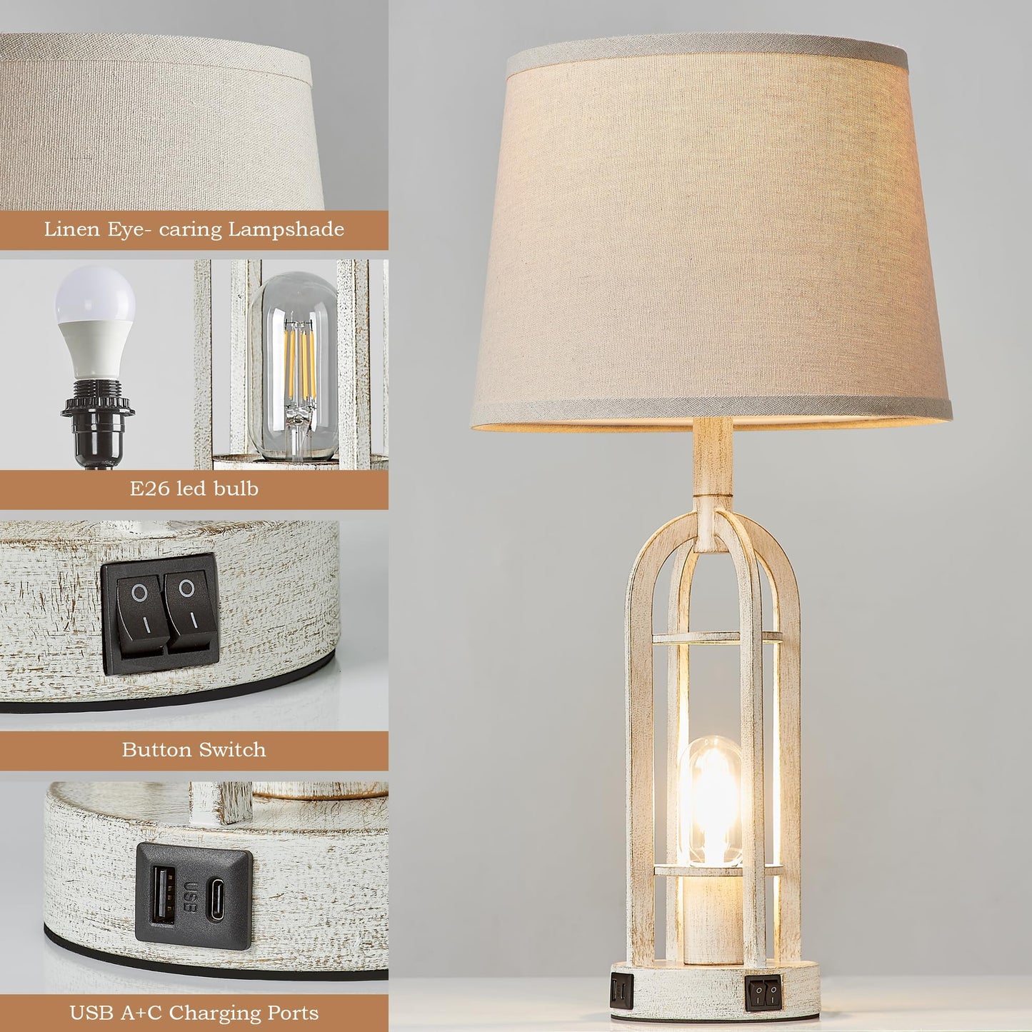 SRJJA Farmhouse Table Lamps for Living Room Set of 2 - Rustic Industrial Bedside Lamps for Bedroom Nightstand with Nightlight and USB A+C, 4 Bulbs Included