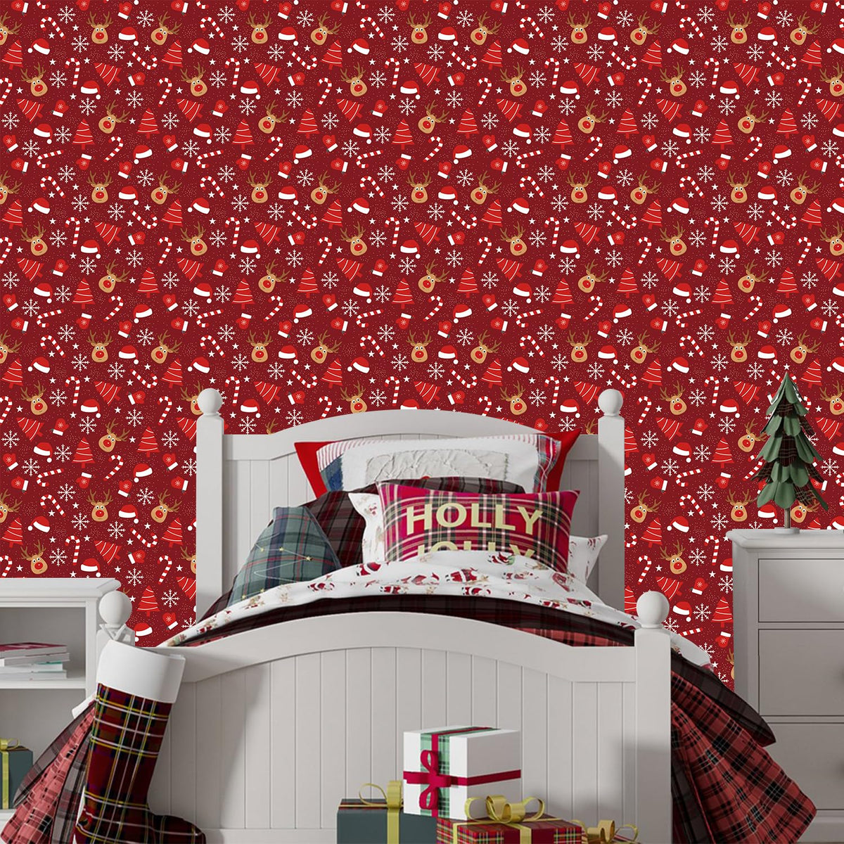 IARTTOP Merry Christmas Wallpaper Peel and Stick Snowflake Contact Paper for Cabinets and Drawers Christmas Reindeer Wallpaper Xmas Candy Canes Decals for Winter Holiday Home Party Decor(17.3"X118.1")