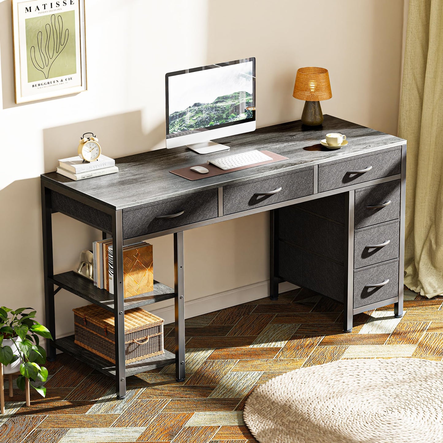 Huuger Computer Desk with 6 Drawers, Office Desk with Shelves, Reversible Gaming Desk, Corner Desk with Storage, Work for Home Office, Study, Living Room, 47inch, Grey