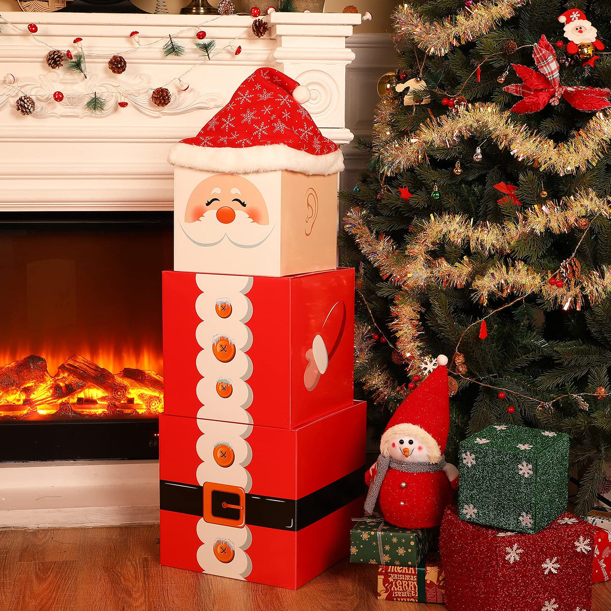 Marspark 4 Pieces Christmas Box Decoration Nesting Decorative Stackable Nesting Christmas Stacking Boxes(Santa)
