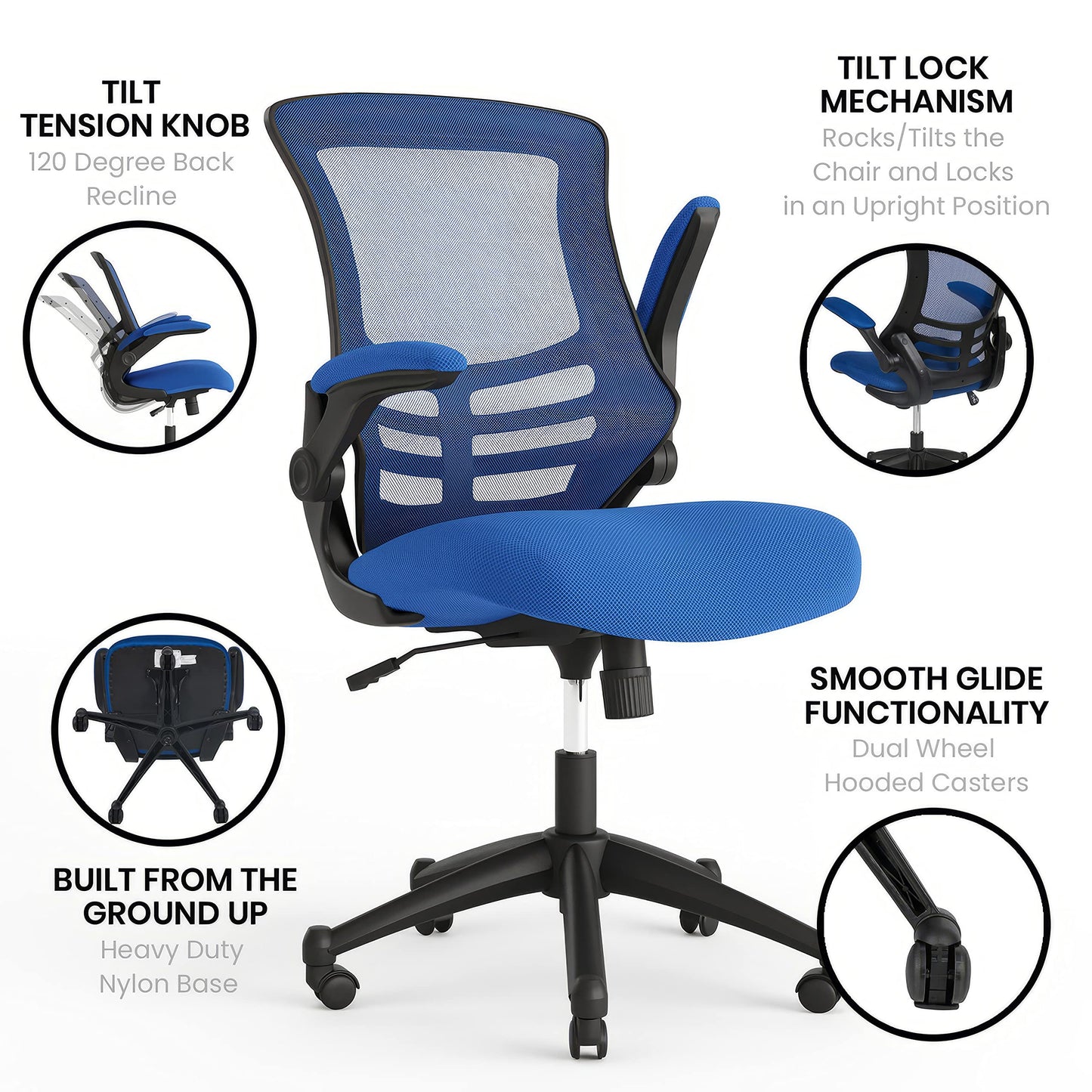 Flash Furniture Kelista Mid-Back Blue Mesh Swivel Ergonomic Task Office Chair with Flip-Up Arms