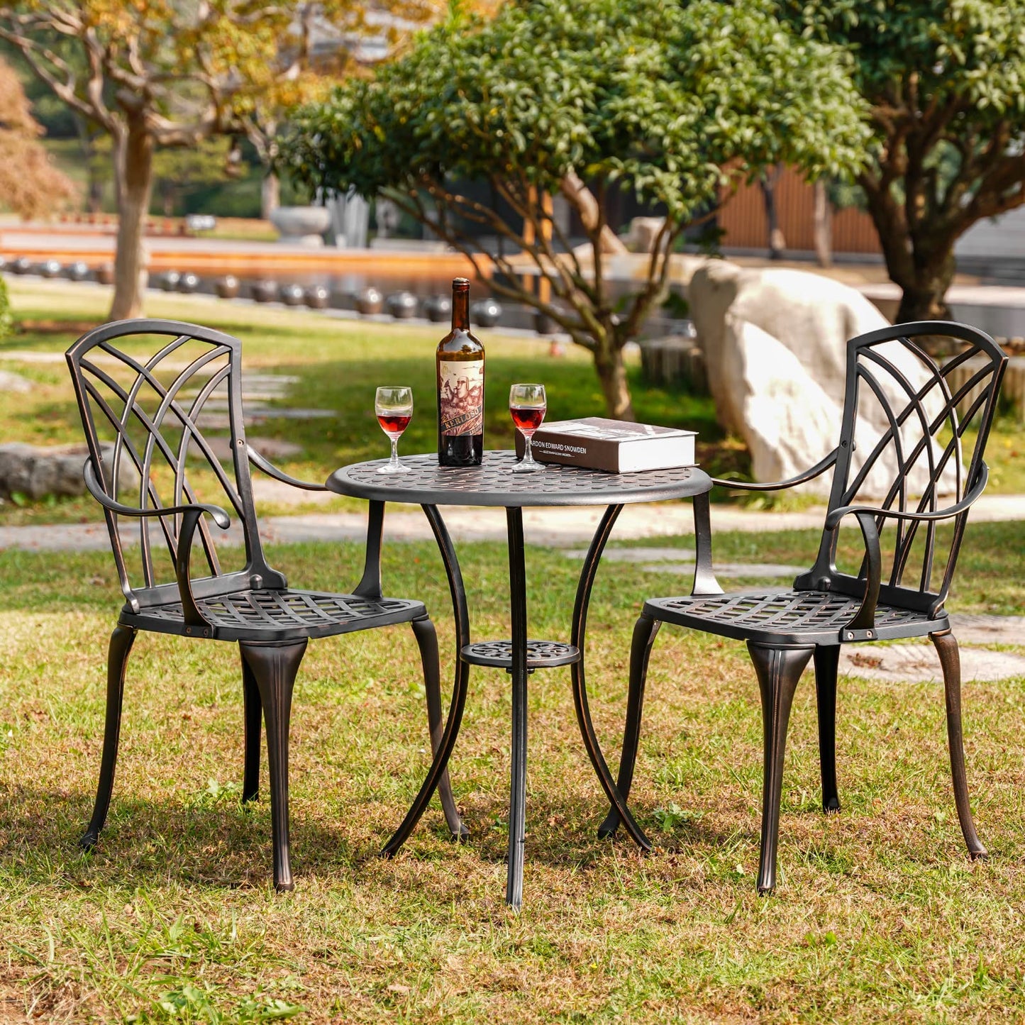 Withniture 3 Piece Patio Bistro Set Outdoor Bistro Table Set Anti Rust Bistro Table and Chairs w/Umbrella Hole, Durable Patio Set for Porch, Balcony