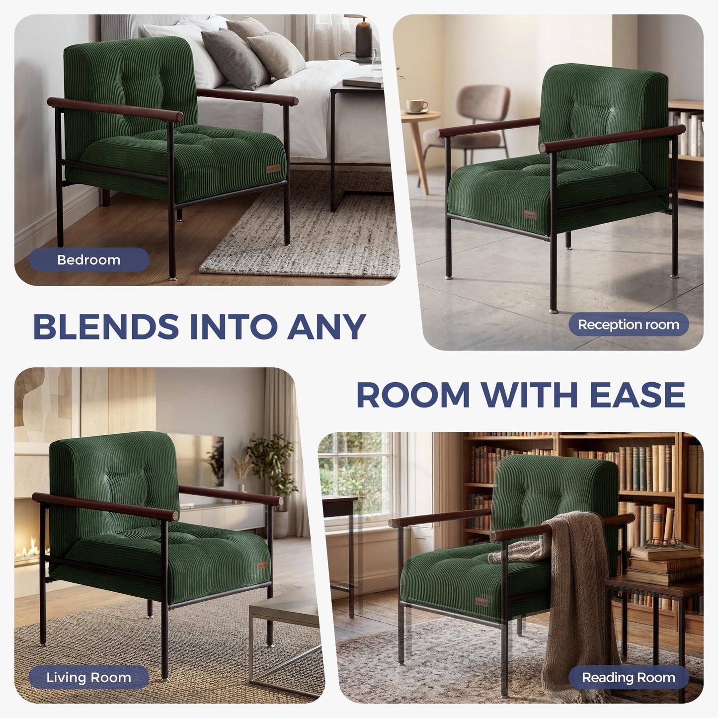 MAXYOYO Living Room Accent Chair, Modern Chair with Sturdy Metal Frame & Wood Armrests, Upholstered Reading Chair with Upholstered Cushion for Bedroom Balcony Porch, Dark Green