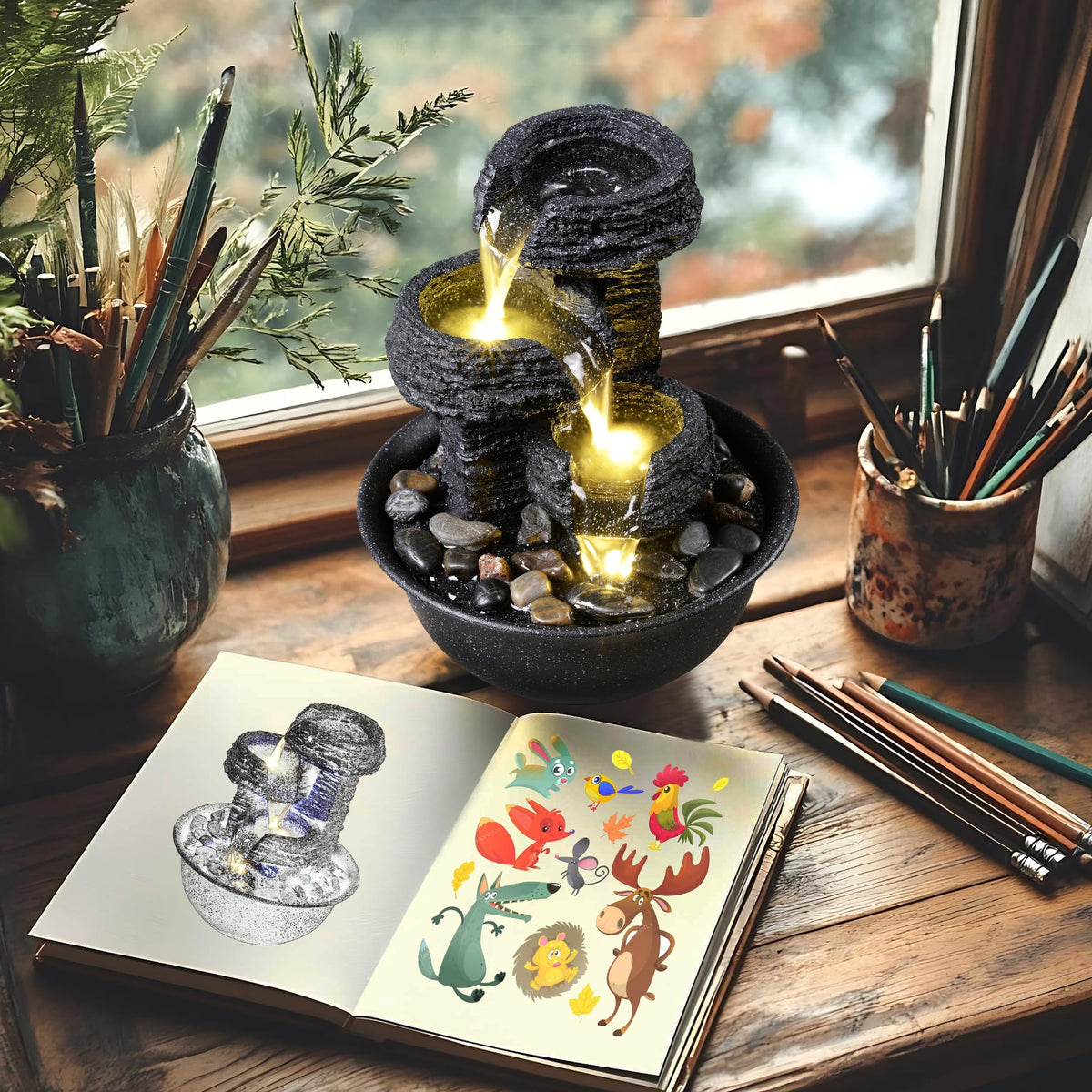 Rock Style Tabletop Fountain with LED Light – Indoor Waterfall Feature for Home or Office Décor, Relaxing Zen Desktop Water Fountain