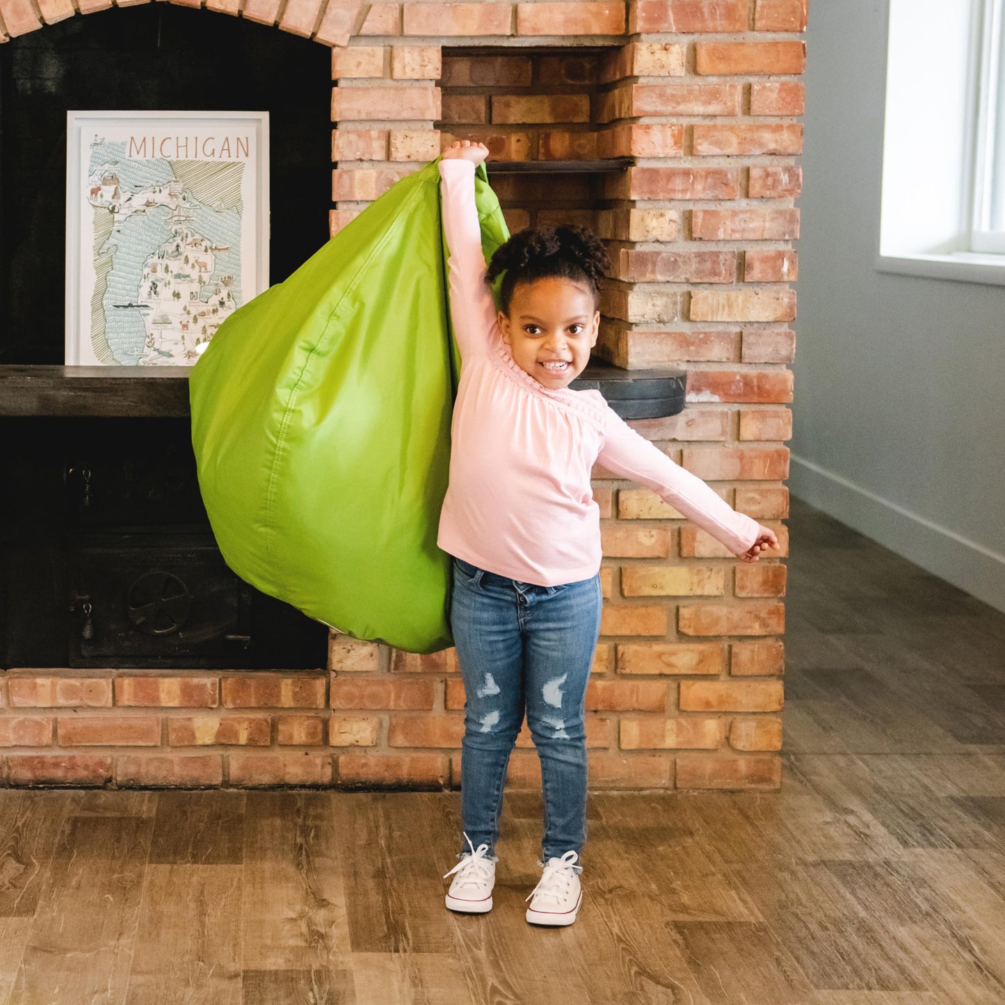 Big Joe Classic Bean Bag Chair for Kids Bedroom and Reading Nook, Easy-Clean Spicy Lime, Durable Nylon Polyester Blend, 2 feet Refillable