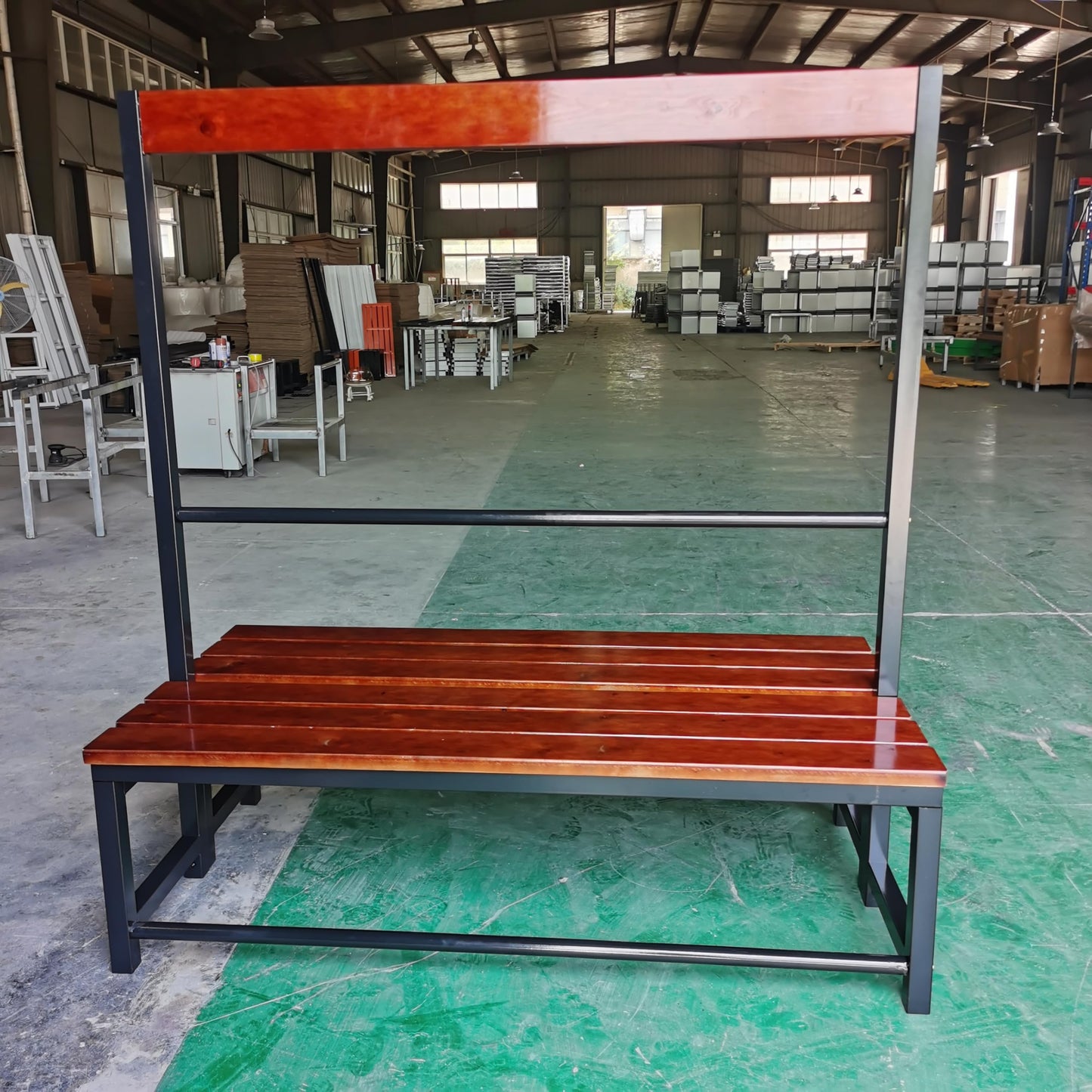 Industrial Locker Room Bench with Storage Rack, Double-Sided Wood Slat Seating, Black Metal Frame