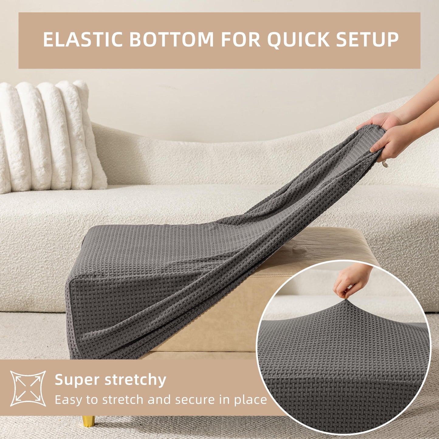 KaviKon Ottoman Cover Slipcover Rectangle Fit Length 25"-30" Stretch Foot Stool Slip Cover, Footrest Slipcovers Protector with Elastic Band, Ottoman Cover Removable Washable(Small,Grid Weave Grey)