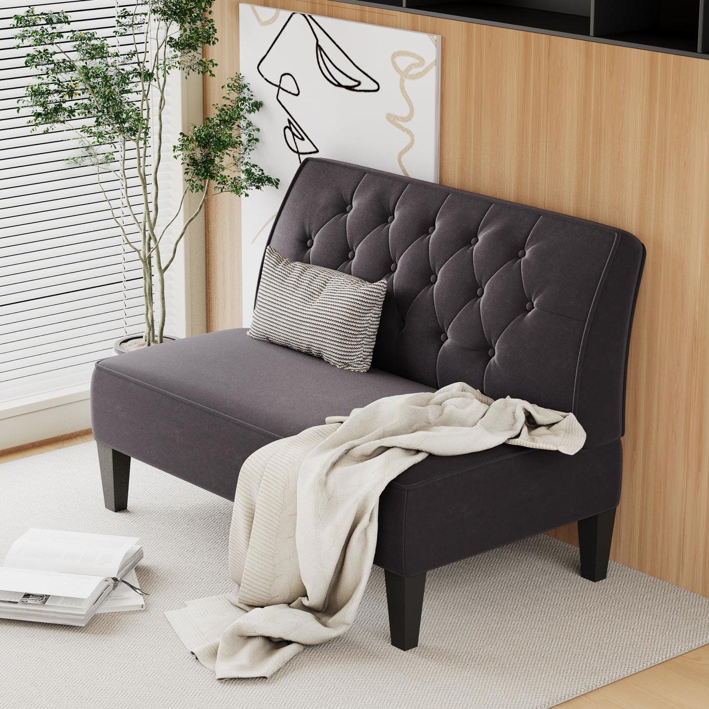 Alunaune Upholstered Loveseat Couch for Living Room, Armless Bedroom Settee Small Love Seat Sofa Tufted Button Dining Room Bench - Dark Grey