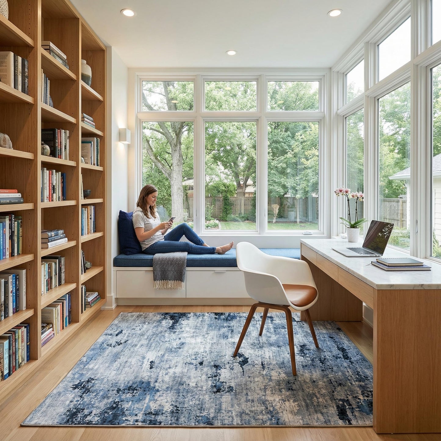 Cnythlis Washable Area Rugs, 0.26 Inch Low Pile Non Slip Abstract Rugs for Bedroom Study Room - Foldable Indoor Carpet, Pet Friendly Surface, Stain-Resistant & Water-Resistant, 5'x7', Blue