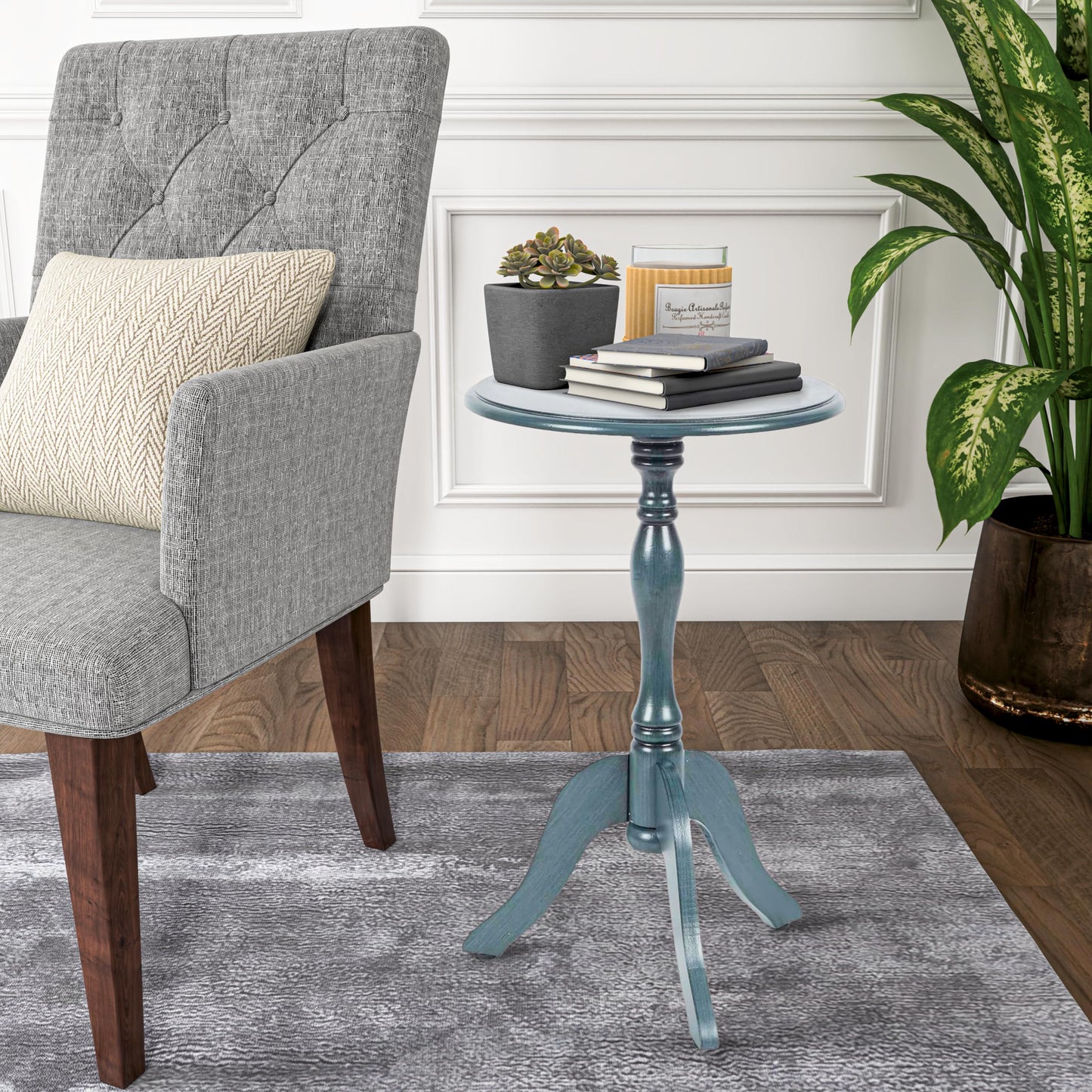 Decor Therapy Simplify Round Pedestal Accent Side Table, Chic & Compact MDF Furniture for Traditional Stylish Spaces - Antique Navy - (15" x 15" x 24")