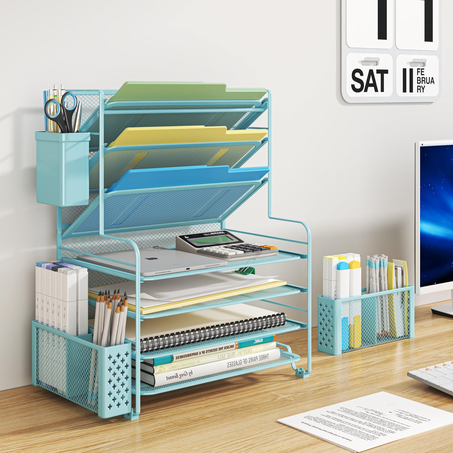 Simple Trending 7 Tier Desk File Organizer, Letter Tray Paper Organizer with Pen Holder and Metal Hanging Basket, Blue
