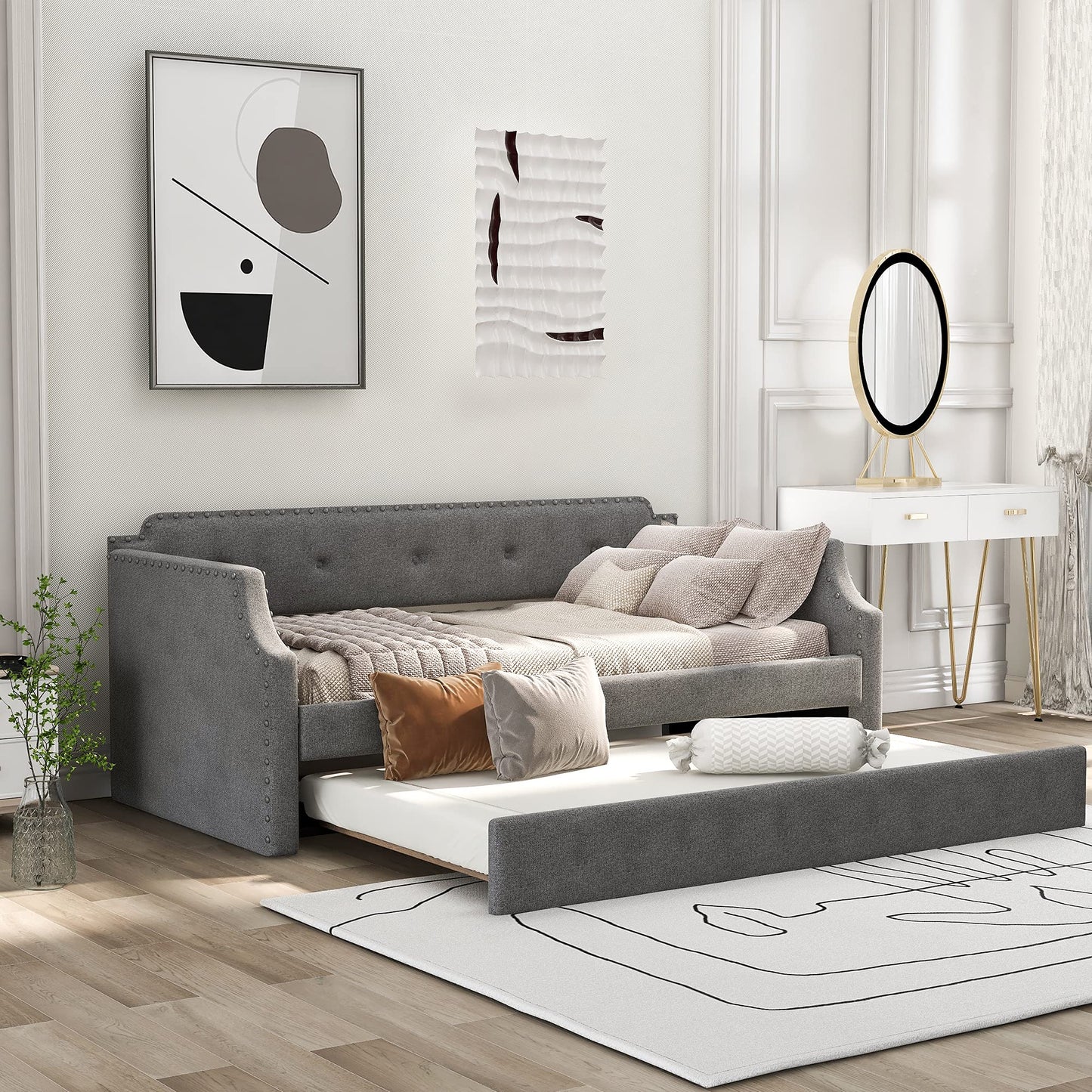 Twin Size Daybed with Trundle, Upholstered daybed with Button Tufted and Nailtrim on Arms, Sofa Bed Frame with Wood Slat Support, No Box Spring, for Living Room, Bedroom, Guest Room, Gray.