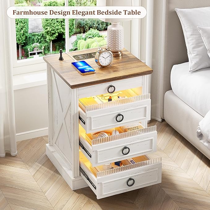 Farmhouse Night Stand with Gun Drawer, Bedside Table with Charger Station