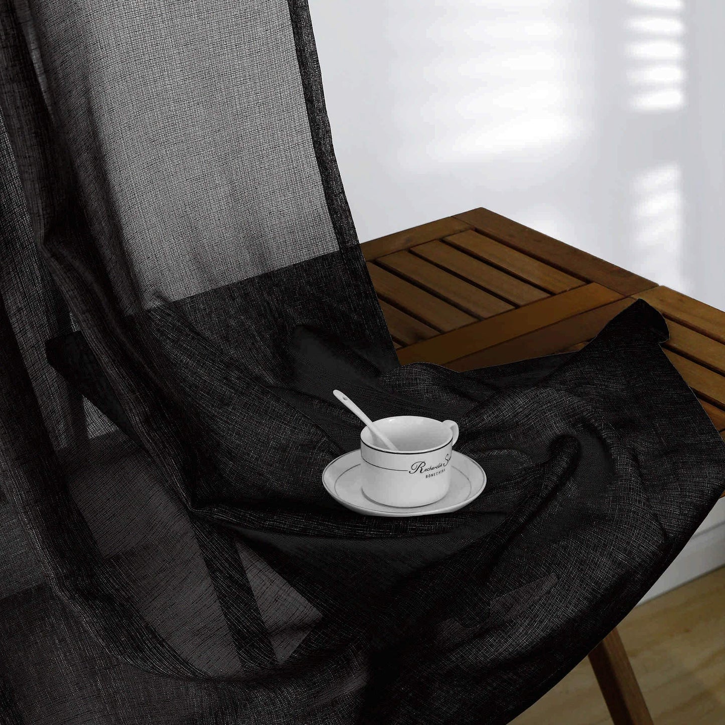 KOUFALL Black Sheer Curtains 84 Inches Long for Bedroom 2 Panels Set,Linen Look Rod Pocket Semi Light Filtering Boho Gothic Curtains for Living Room Window