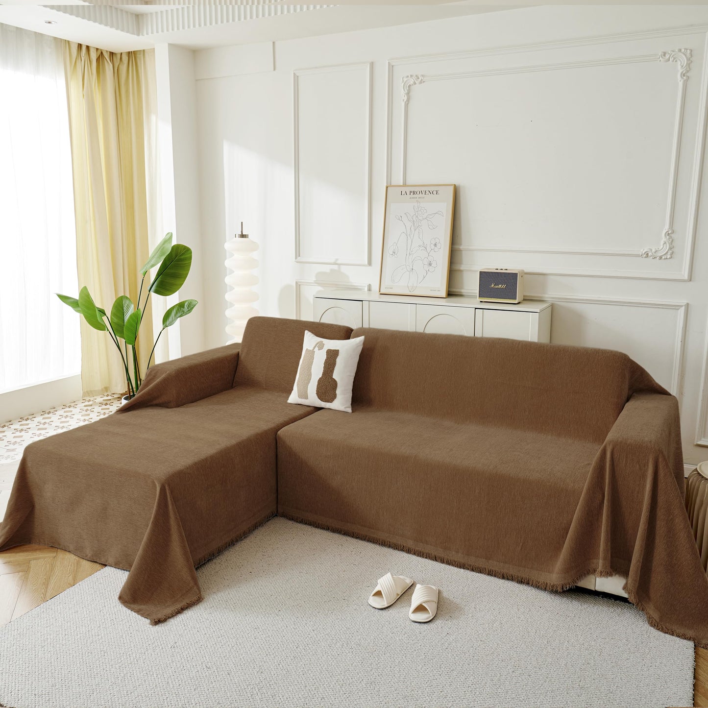 KaviKon Sectional Couch Covers 2-Piece for L Shape Sofa, Chenille Washable Sofa Cover for 2-3 Cushion Couch, Non-Slip Furniture Protector for Dogs,Pets, Soft Couch Blanket Slipcovers Sets (L-Brown)