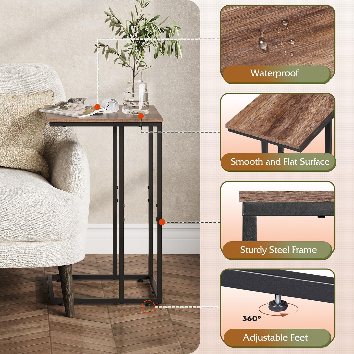 WLIVE C Shaped End Table, Small Side Tables for Sofa and Bed, Couch Table That Slides Under for Living Room, Bedroom, Home Office, Small Spaces
