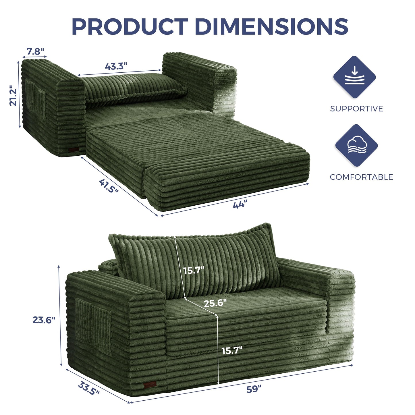 MAXYOYO Convertible Sofa Bed, 2 in 1 Folding Couch Bed for Small Space, Pull Out Loveseat Sofa Couch with Large Back Pillow, Plush Fabric Lounge Couch for Living Room, Apartment, Dark Green