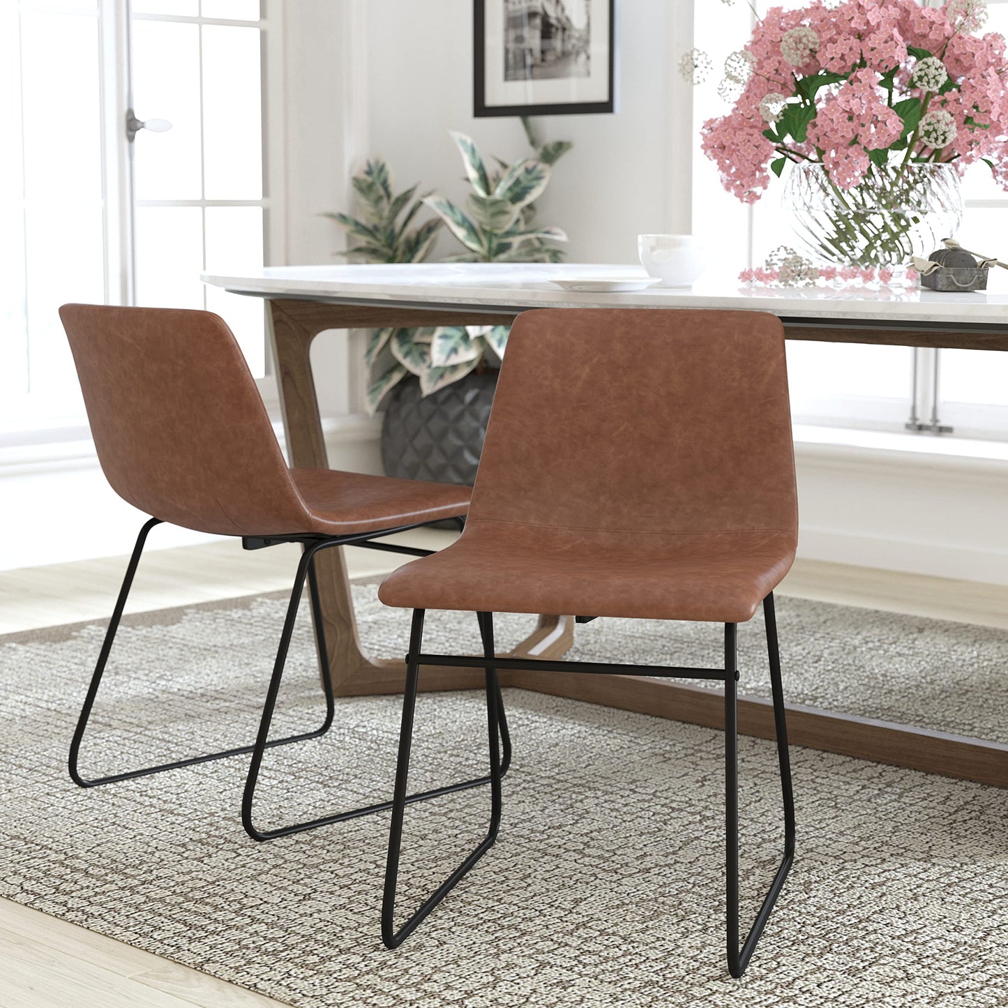 Flash Furniture Butler 18" LeatherSoft Dining Table Height Chairs, Mid-Century Modern Bucket Style Dining Chairs, Set of 2, Light Brown/Black