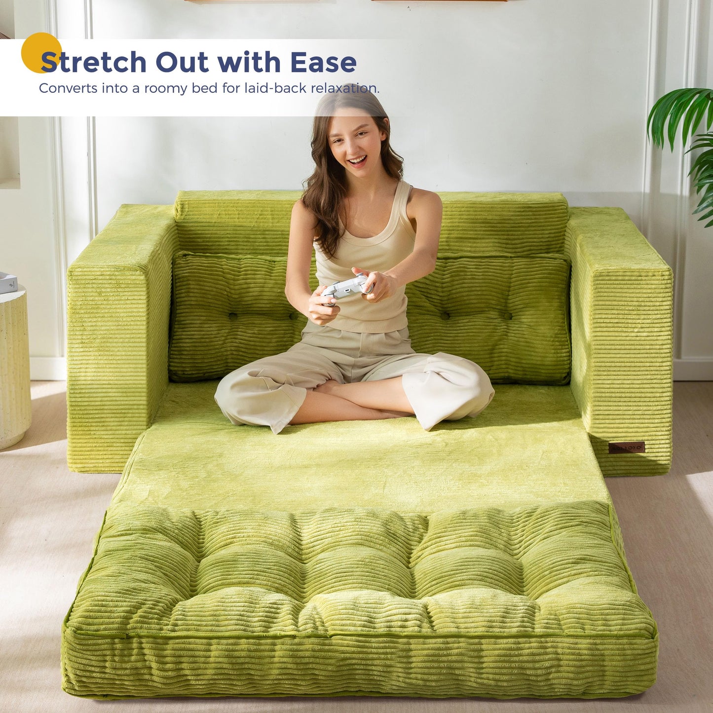 MAXYOYO Convertible Sofa Bed, Pull Out Loveseat Sofa Couch, 2 in 1 Folding Couch Bed, Fold Out Floor Couch with Pillows for Living Room Bedroom Lounge, Green