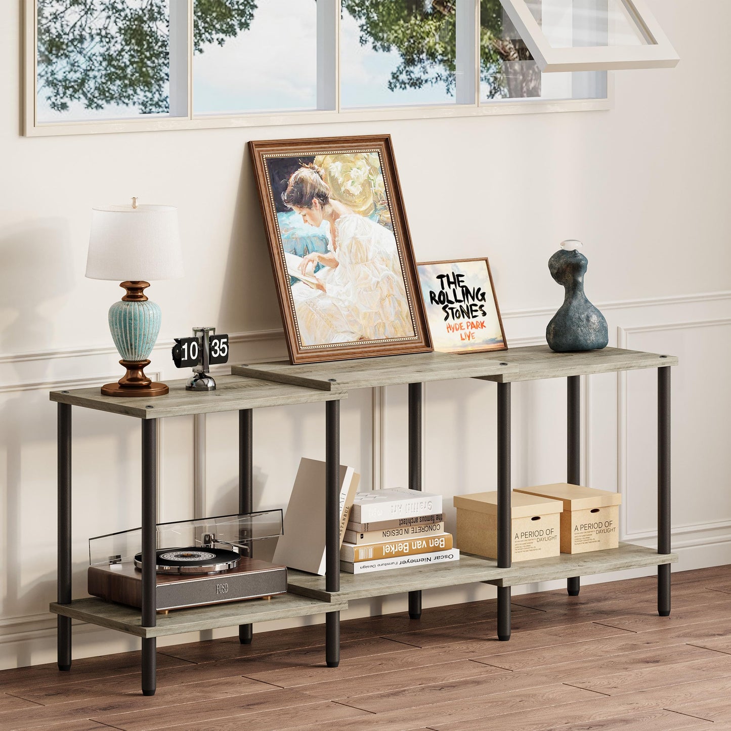 YAUKTAK TV Stand, Entertainment Center, Industrial TV Media Console Table with Open Storage Shelves, 2 Tier TV Cabinet for Living Room, Bedroom LTS107Q