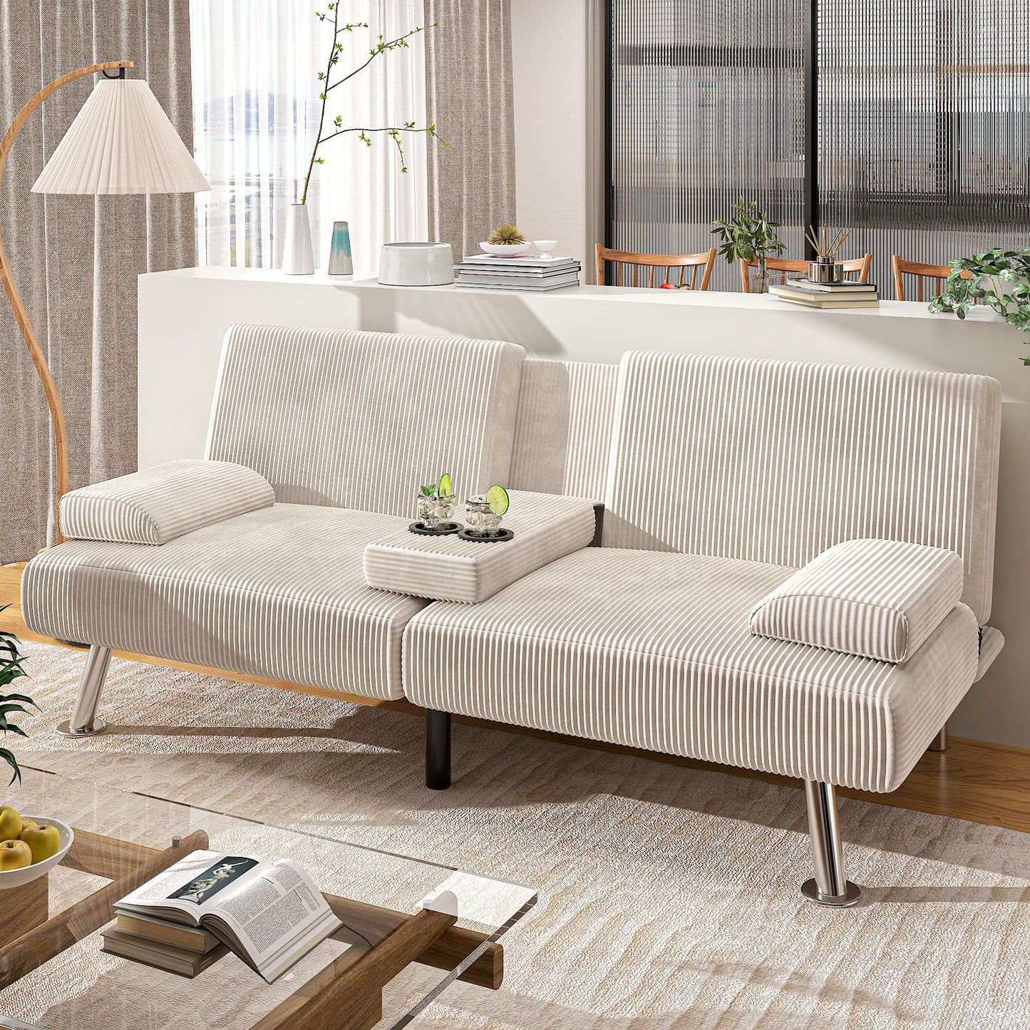 Shahoo Modern Upholstered Convertible Folding Futon Sofa Bed with Removable Armrests, Metal Legs, 2 Cup Holders for Living Room, Beige