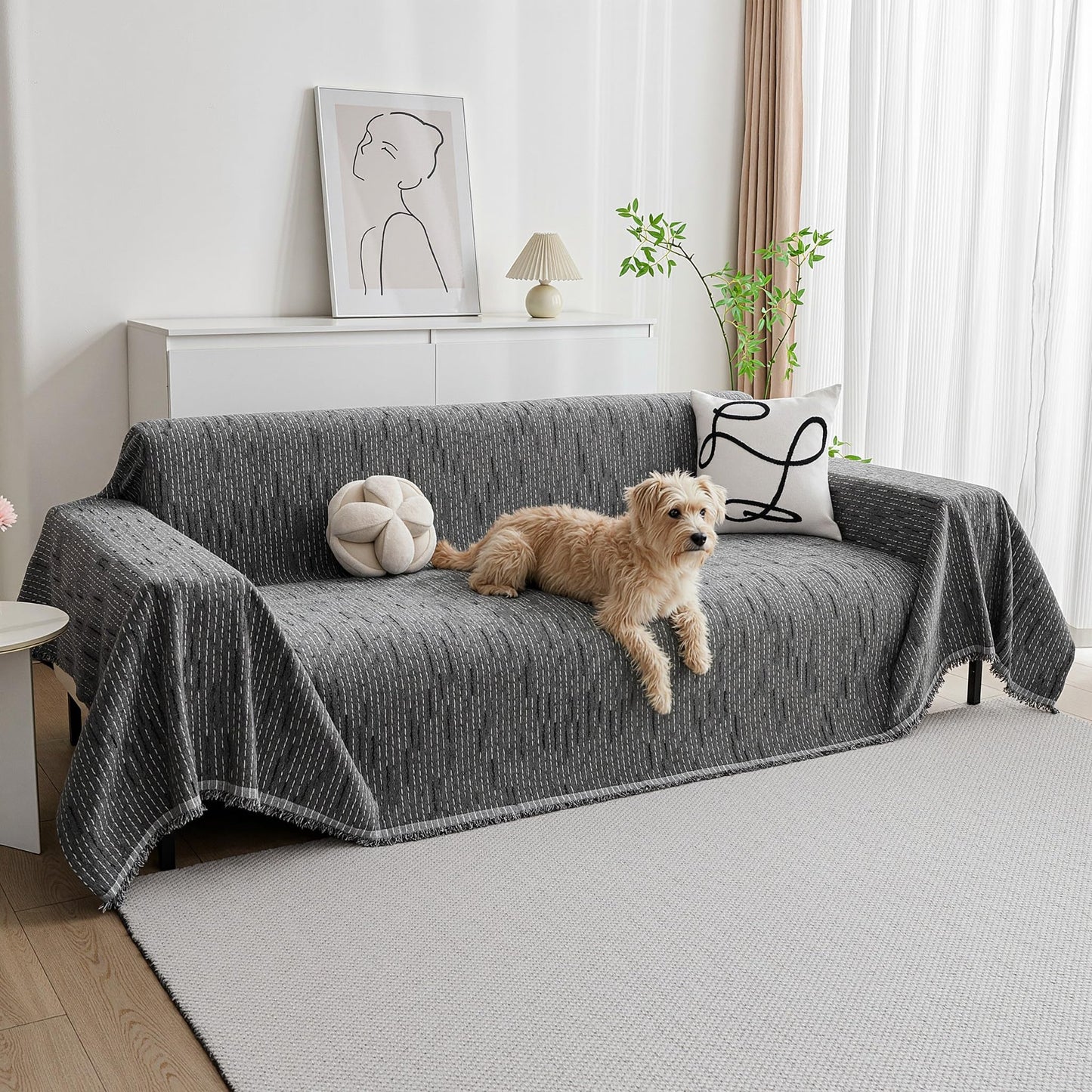 MYSKY HOME Couch Covers for Sofa, Dog Couch Cover Protector, Dark Grey Lines Sofa Covers for Sectional L Shape, Pets Couch Throw Cover Washable Durable Large Couch Cover for Dogs, Cats, 91"X118"