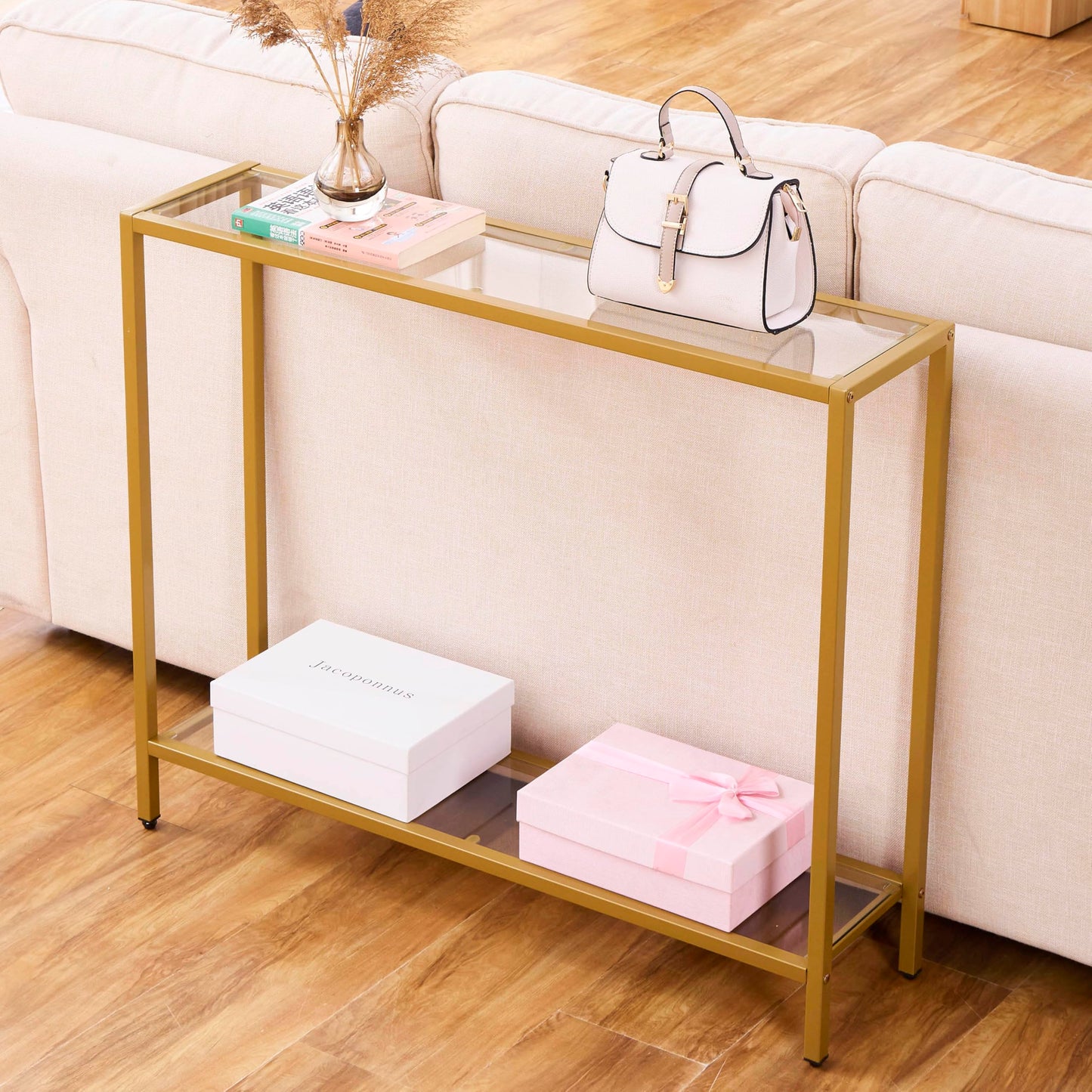 MAJARO Small Modern Console Table for Entryway, Tempered Glass with Metal Frame Sofa Table for Living Room, Hallway, Office (Double-Layer, Gold)