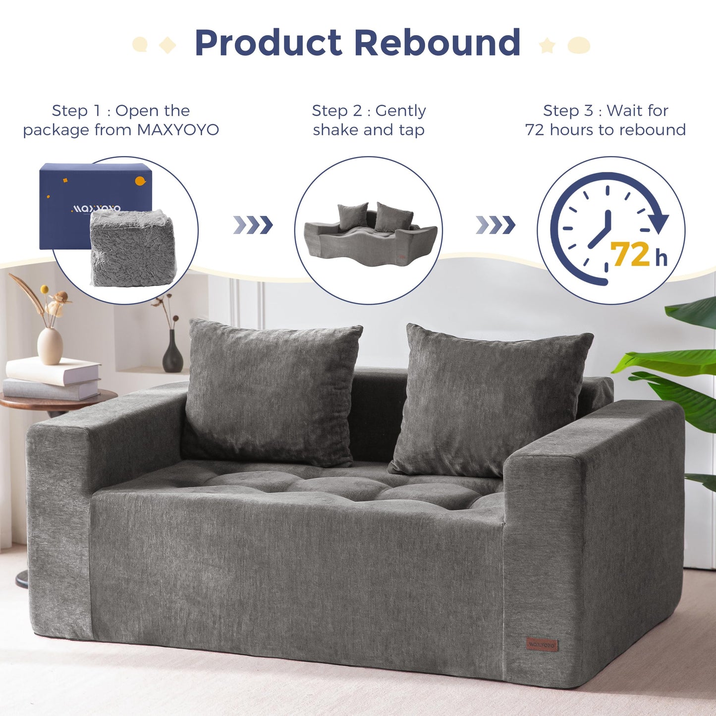 MAXYOYO Modular Sofa Couch, 61" Loveseat Boneless Cloud Couch with Deep Seat, Chenille Upholstered Living Room Comfy Sofa Chair for Living Room, No Assembly Required, Light Grey