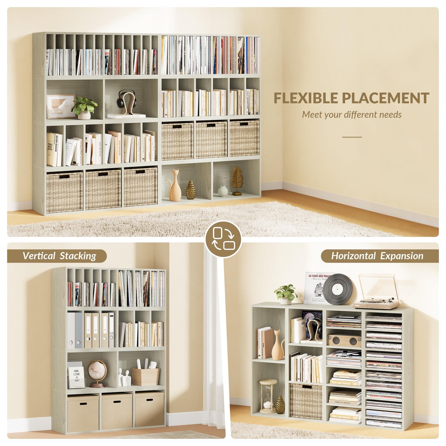 IOTXY DIY Modular Cube Bookcase - CubeXY Customizable Stackable Expandable Combination Set, 23-Cube Open Bookshelf for Books, Fabric Storage Bin, and 7/10-inch Vinyl Record Organizer, Oak