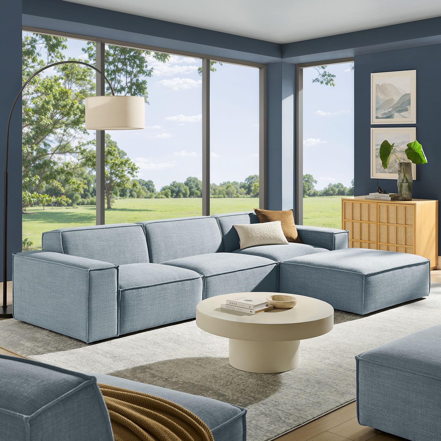 Modway Restore Performance Fabric Upholstered 4-Piece Modular Sofa Set with Ottoman in Sky - Low Profile Sectional Sofa with Coil Seat Support and French Piping