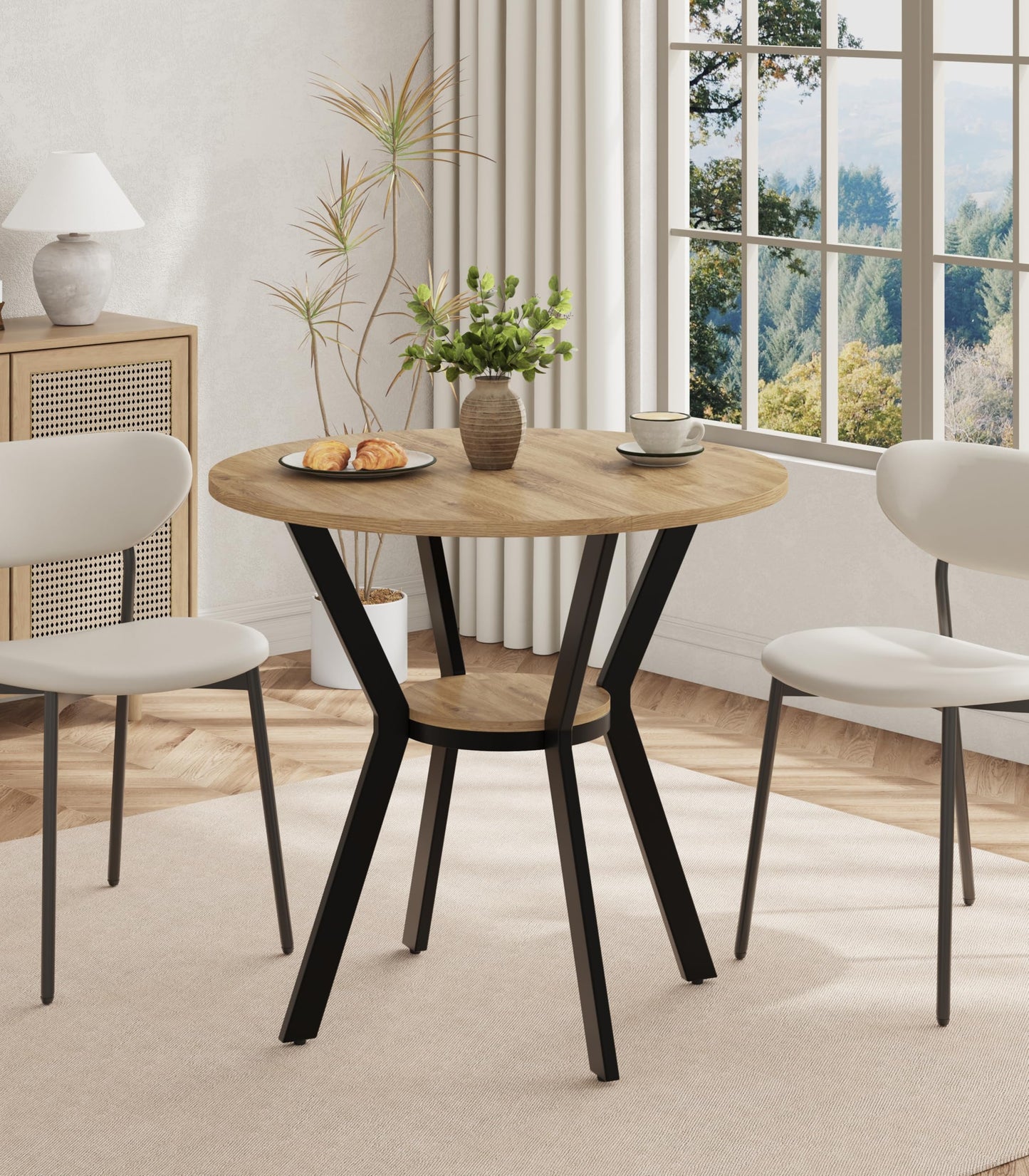 Round Kitchen Tables for 2-4, 31.5" Small Dining Tables with Storage, Rustic Wood Circle Dinner Table with Metal Leg, Farmhouse Dinner Table for Small Space, Dining Room, Kitchen, Office, Apartment