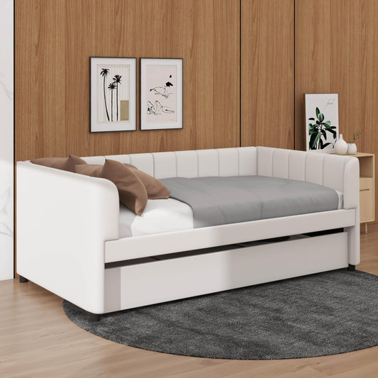 YunNianYang Twin Size Upholstered Daybed Frame with Ergonomic Design Backrest and Trundle (Beige)