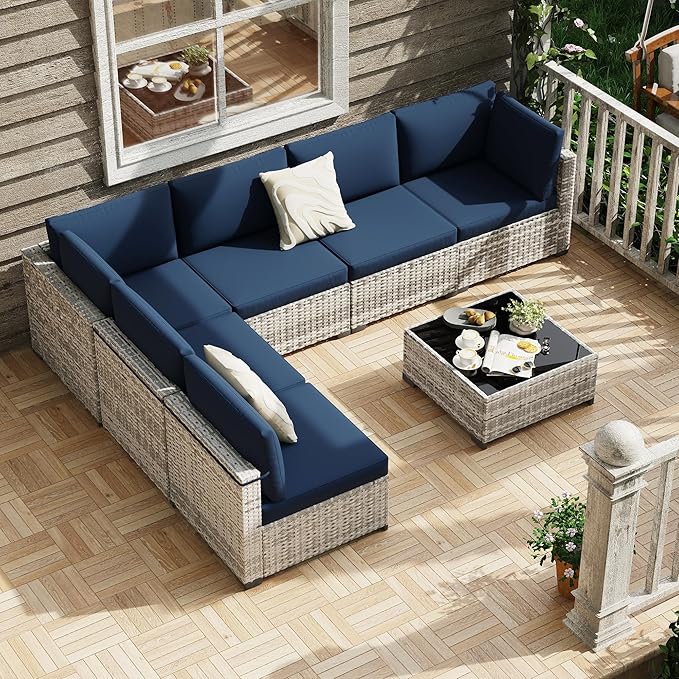 KIGOTY Patio Furniture Set, 7 Pieces Modular Outdoor Sectional Sofa, PE Rattan