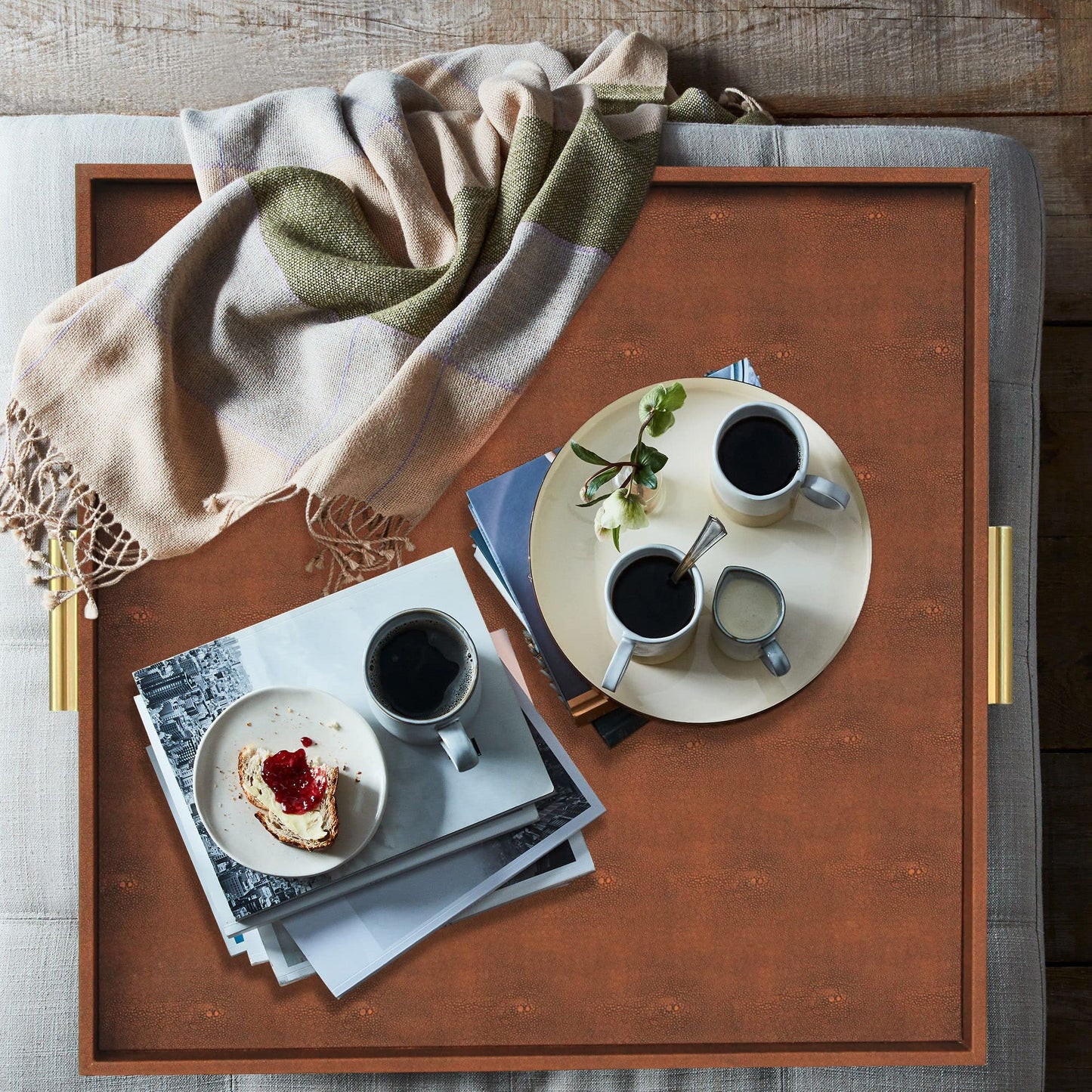 HofferRuffer Extra Large Square Serving Tray, Elegant Faux Leather Ottoman Tray with Gold Hardware Handles, Serve Tea, Coffee or Breakfast in Bed, 24 x 24 inches (Brown Shagreen)