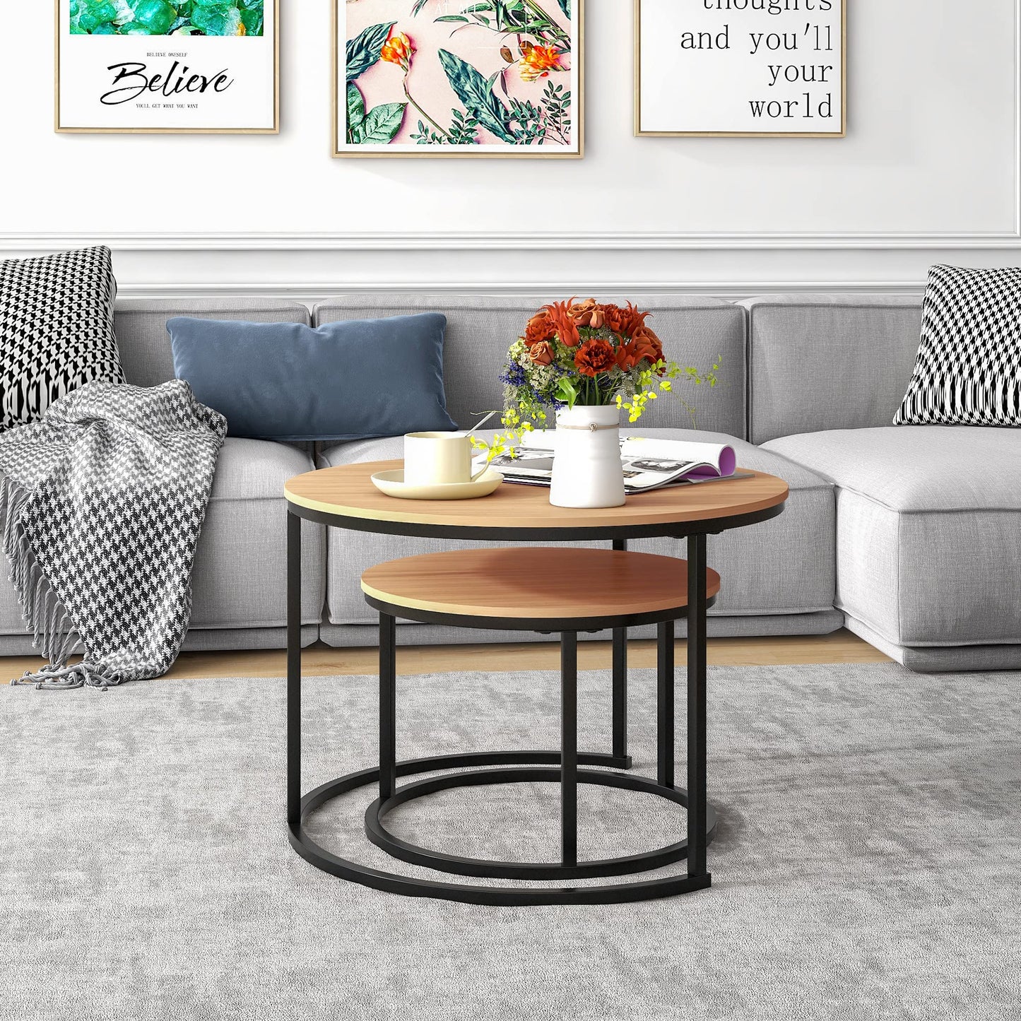 HOJINLINERO Round Coffee Table,Nesting Coffee Table Set of 2,Center Tables for Living Room,Office, Home Small Space,Stacking Side Tables,Sturdy and Easy Assembly,Wood Desktop,Black+Teak OAKDK,Large