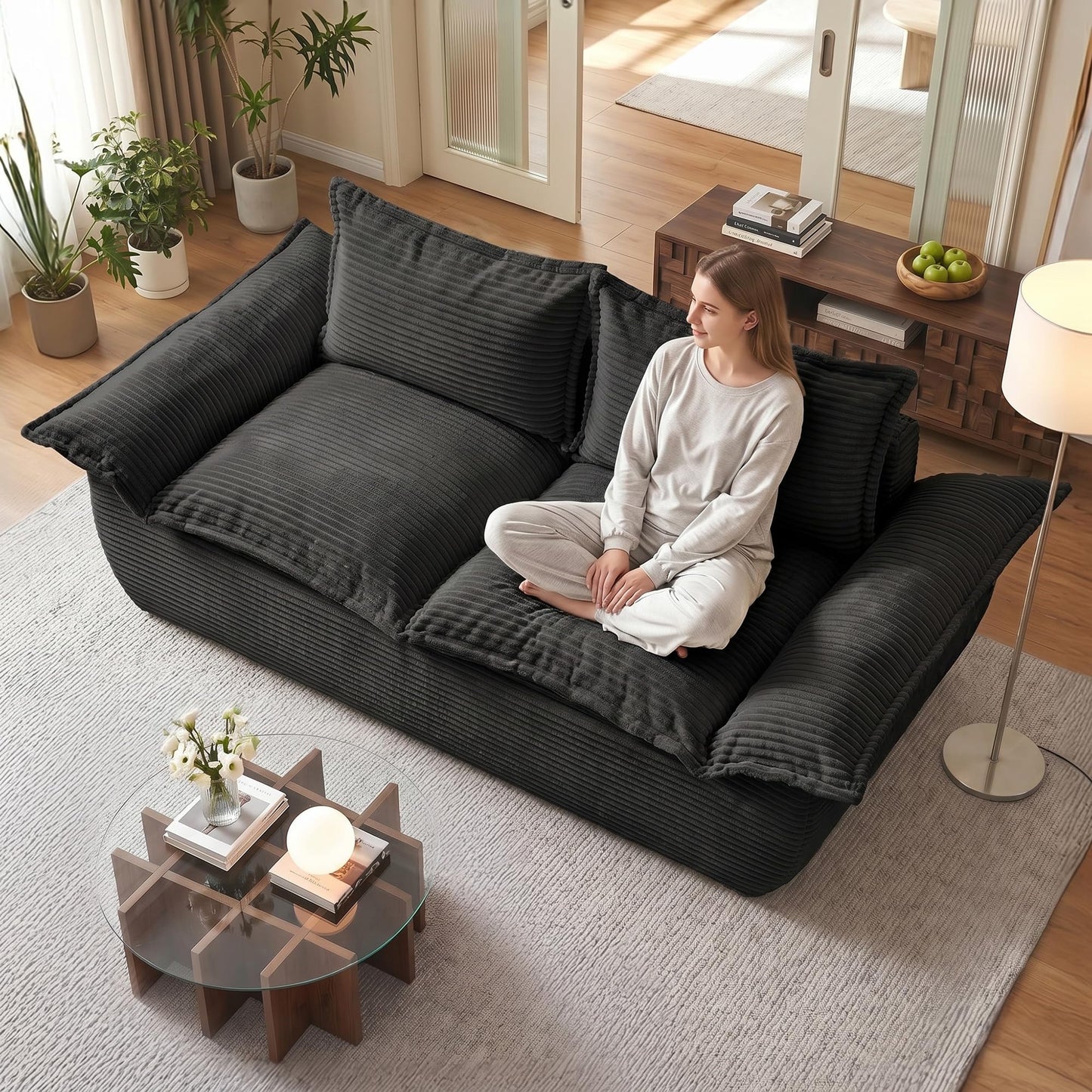 JUIKURY 55" Convertible Corduroy Sofa Bed, Boneless Foldable Loveseat Sleeper Couch, Compressed Foam Floor Sofa with Removable Cushions & Pillows for Small Space Living Room