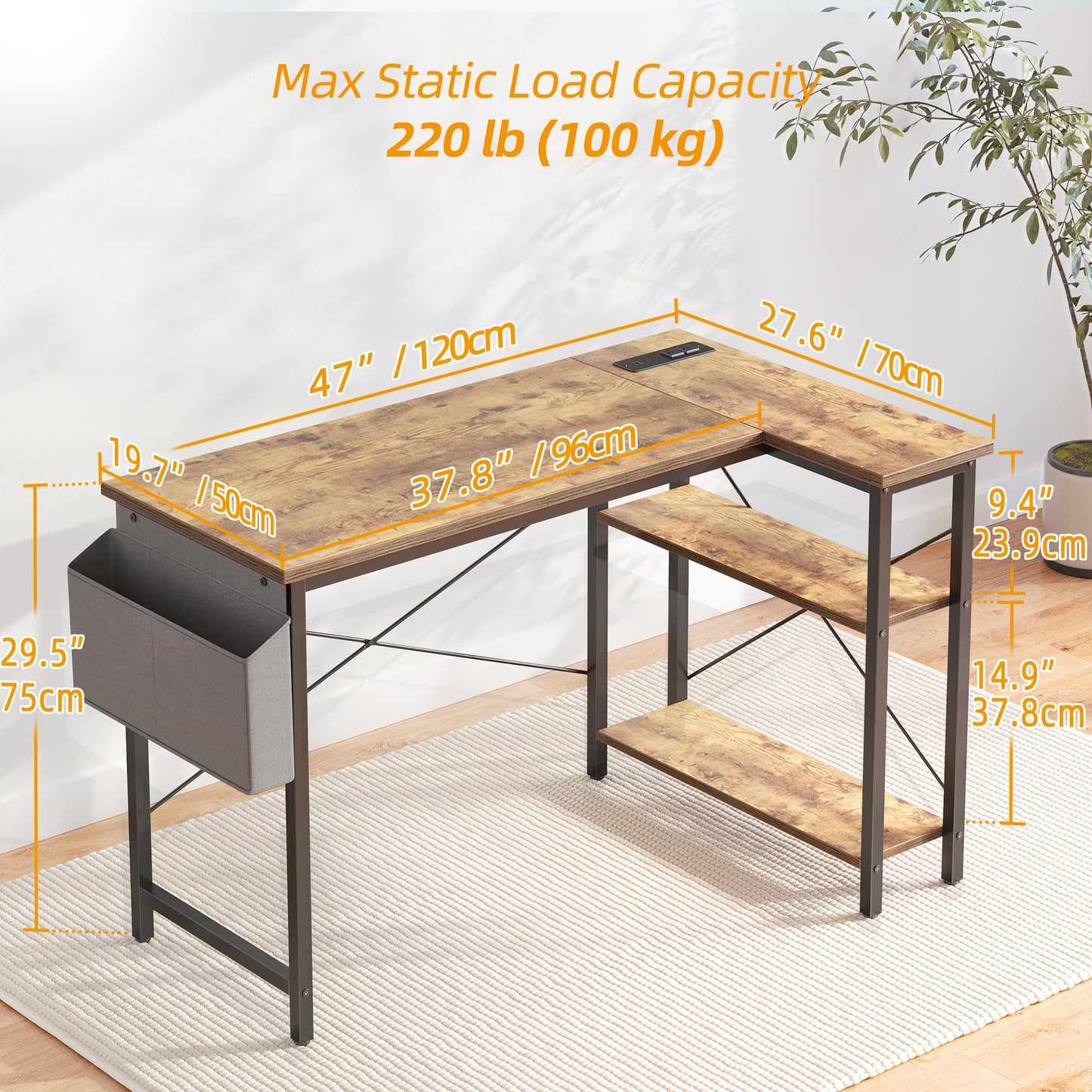 TIQLAB L Shaped Computer Desk with Power Outlets, 47 Inch Small Corner Desk with Reversible Shelves, Gaming Desk Computer Table Study Writing Desk for Home Office Small Space, Rustic Brown