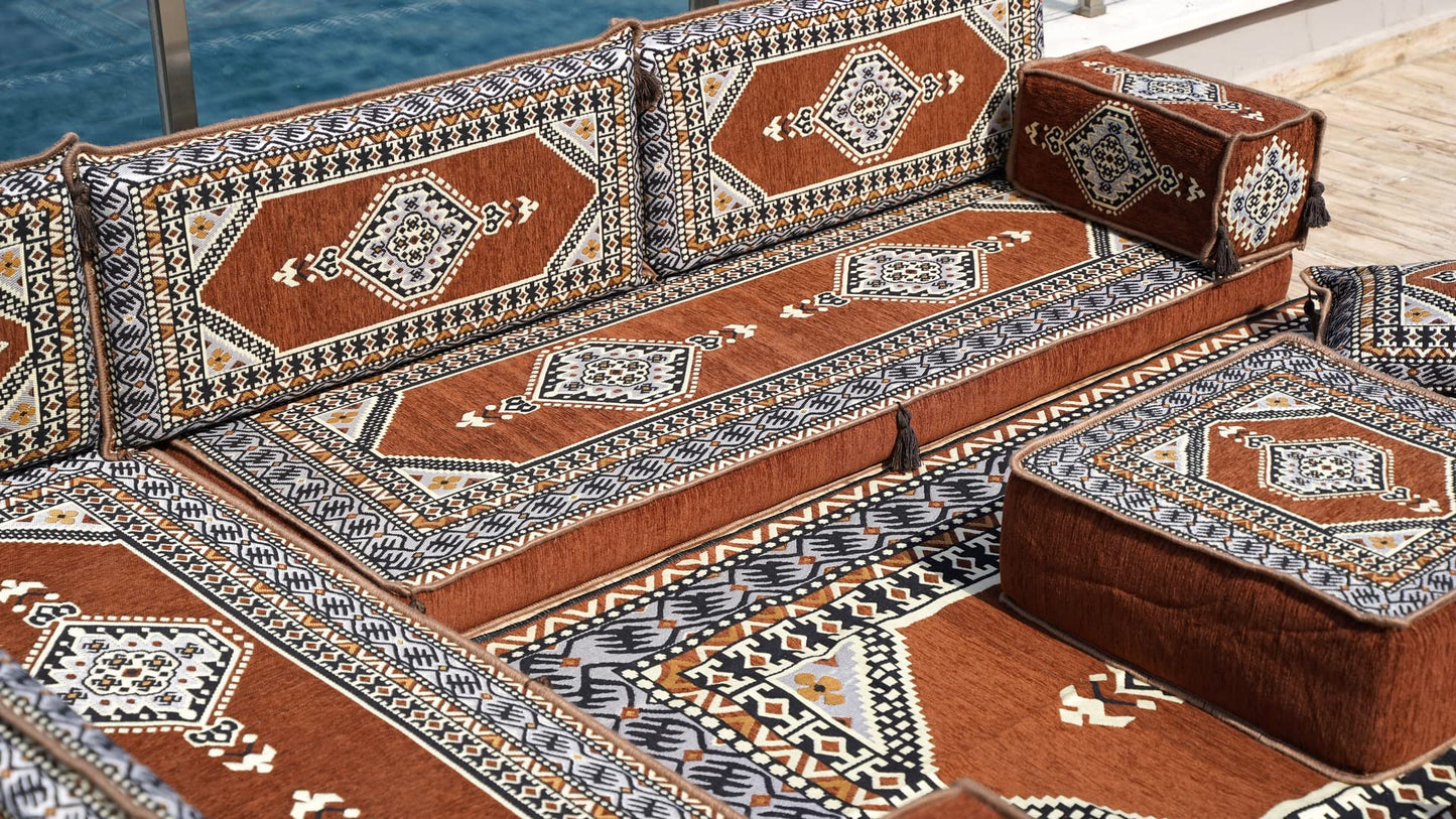 L Shaped Arabic Floor Cushions, Sectional Sofas, Arabic Majlis Set, Custom Made Sofa, Arabic Sofa Set, Seating Cushions (4'' Thickness Sofa, L Sofa Full Set, Brown)