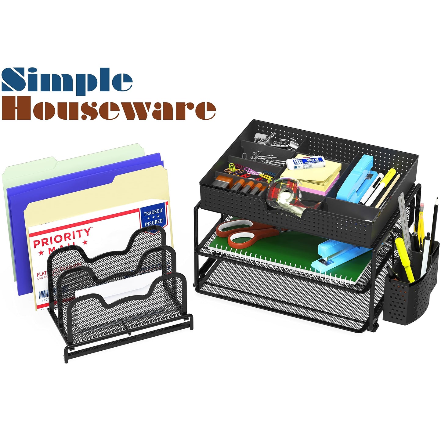 Simple Houseware Mesh Desk Organizer with Sliding Drawer, Double Tray and 5 Stacking Sorter Sections, Black