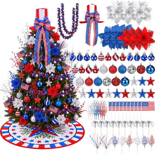 Teyva Daily 90 Pcs 4th of July Tree Decorations Kit, Patriotic Red White Blue Hanging Ornament, Tree Skirt, Topper Hat, Ball, Star Picks, Garland, Mini Flags, Flowers for Independence Day Party Decor