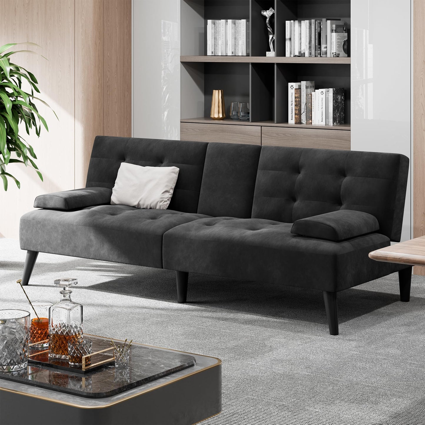 Shintenchi Futon Sofa Bed, Velvet Foldable Couch, Reclining Sleeper with Removable Armrests, Upholstered Loveseat Sofa Couch with Folding Cup Holders for Home, Office, Black