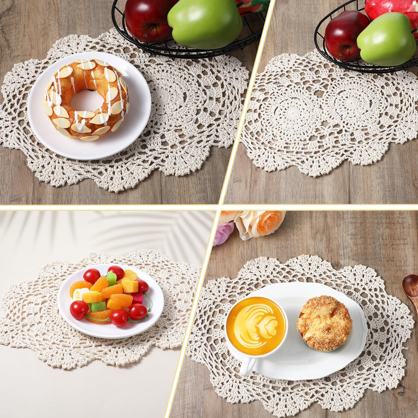 Beige Lace Doilies 2Pcs Handmade Cotton Crochet Doilies Placemats Knitted Coasters Oval Shape Doily for Furniture Table Overlay, 9.8 x 13.8 inch