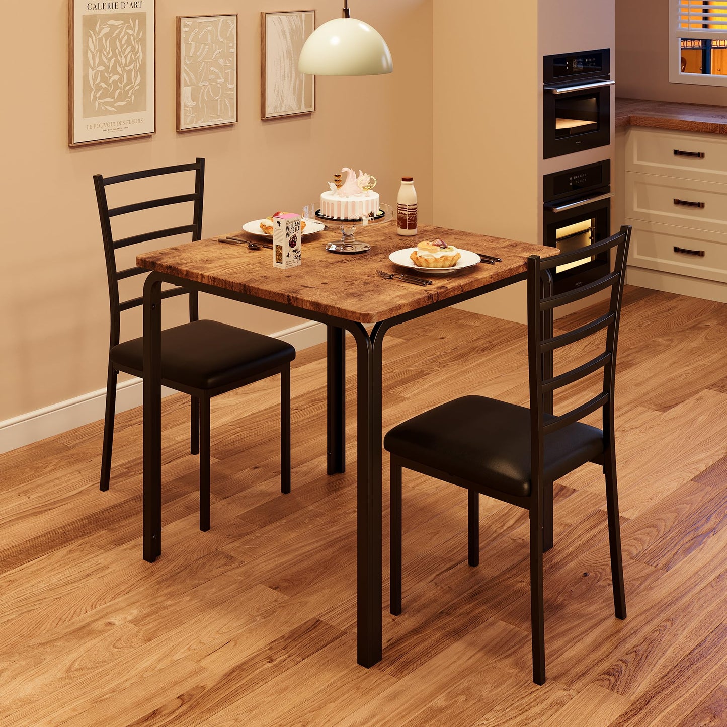 Dining Table for 2, Small Square kitchen Dinner Table Set for 2,Space Saving Wood Modern Dinette With Upholstered,Dining Room Furniture for Breakfast Nook, Apartment,Home Office Small Space,3 Piece