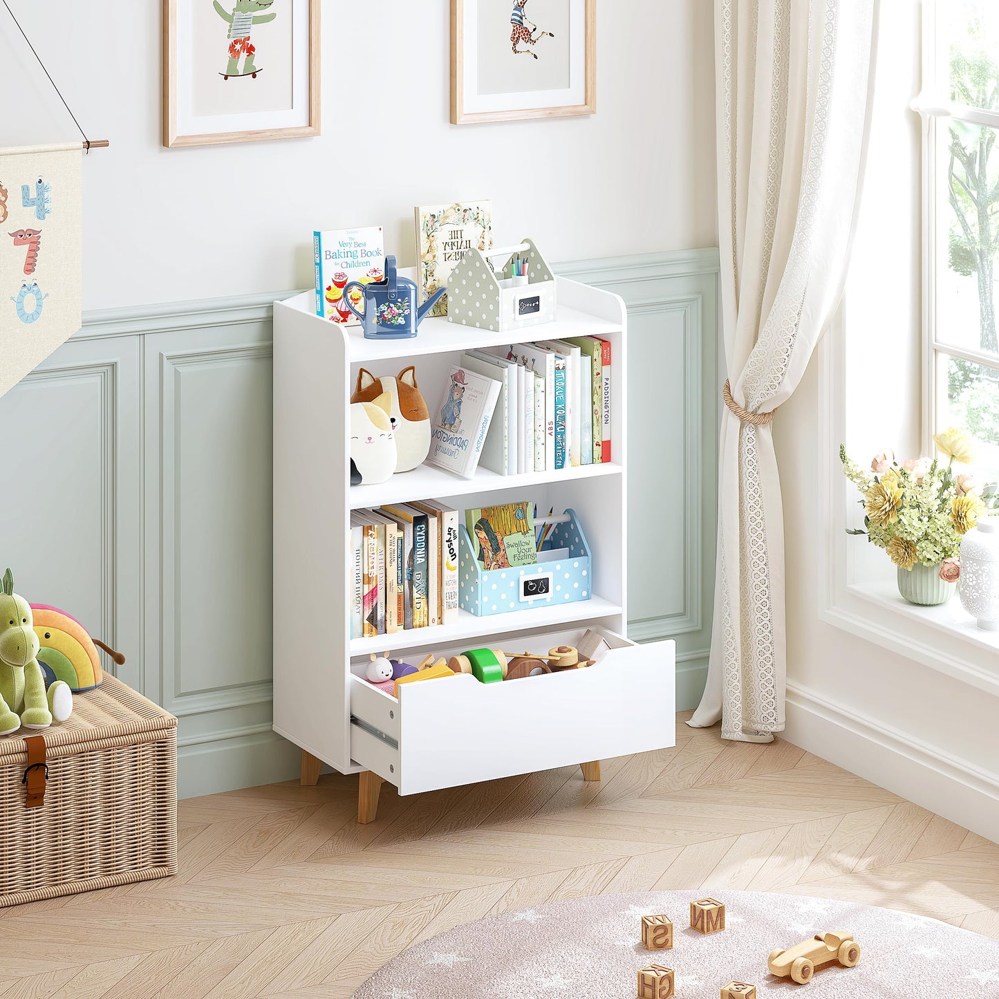 UTEX Kids Bookshelf, Children Bookcases with Storage and Drawer, Wood Kids Toy Storage Organizer for Playroom, Nursery School, White