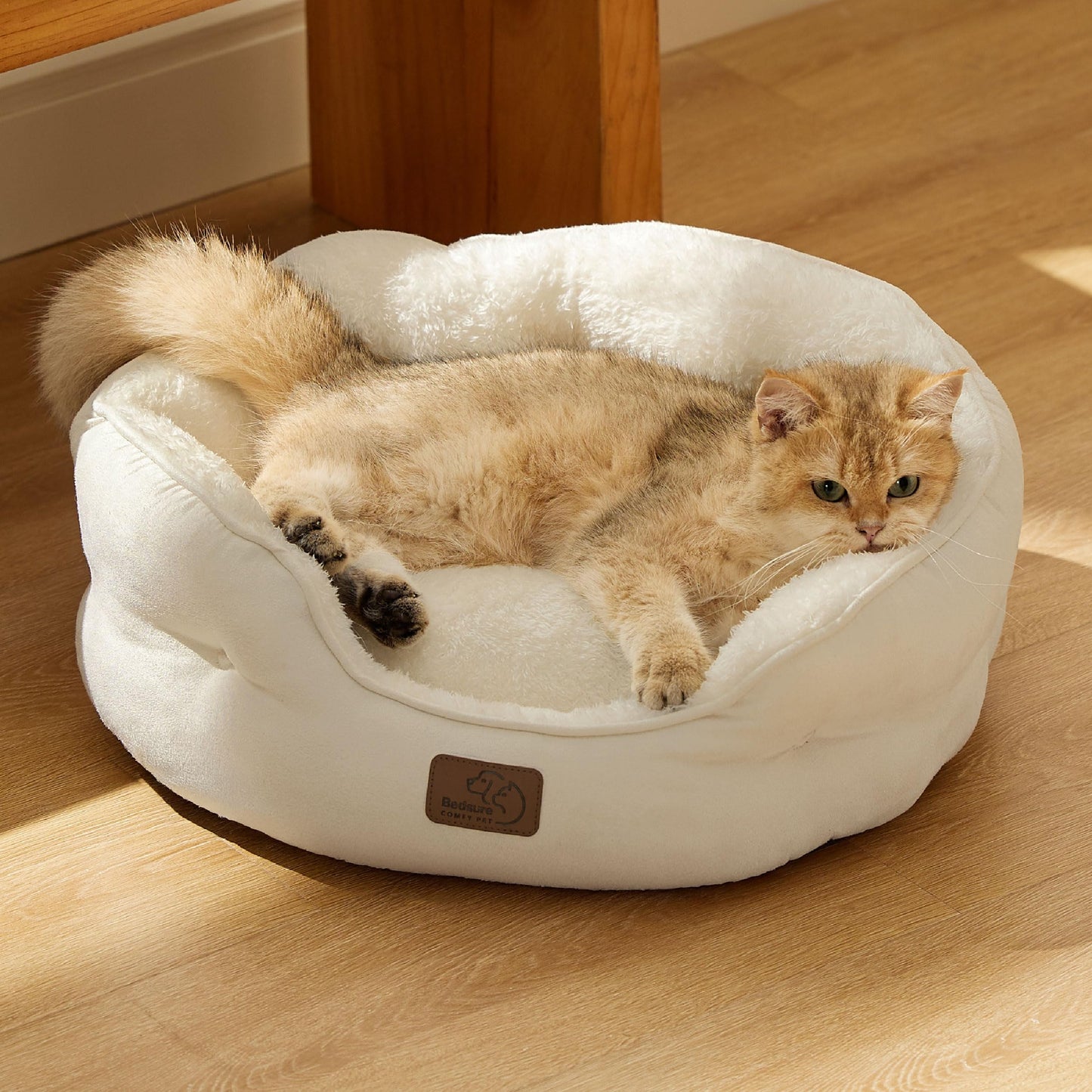 Bedsure Dog Beds for Small Dogs - Round Cat Beds for Indoor Cats, Washable Pet Bed for Puppy and Kitten with Slip-Resistant Bottom, 20 Inche, Ivory