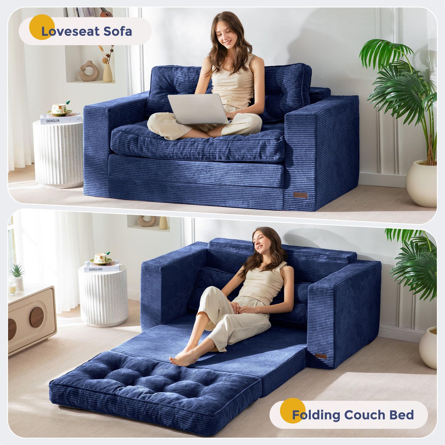 MAXYOYO Convertible Sofa Bed, Pull Out Loveseat Sofa Couch, 2 in 1 Folding Couch Bed, Fold Out Floor Couch with Pillows for Living Room Lounge, Navy