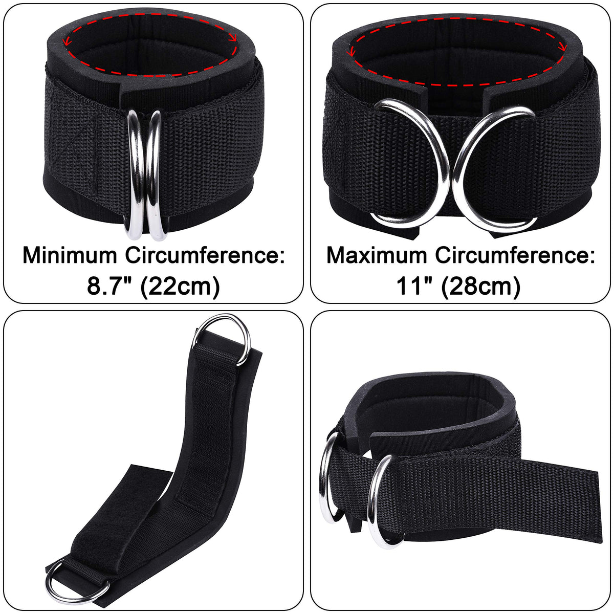 Techion 1 Pair of Fitness Ankle Straps for Cable Machine - Double D-Ring, Adjustable Comfort fit Neoprene - for Men and Women - Black