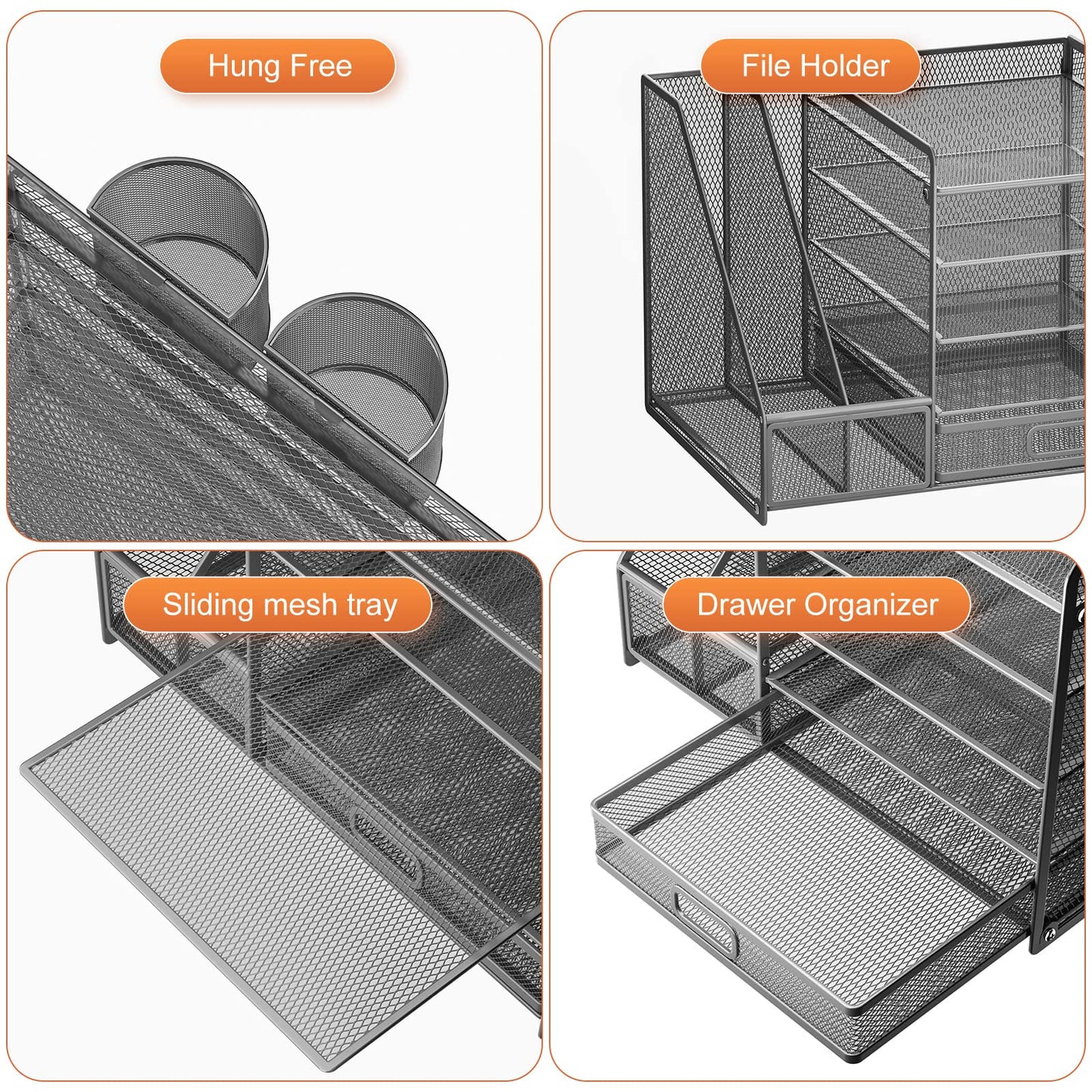 Marbrasse 5-Tier Paper Letter Tray Organizer with Drawer and Pen Holder, Mesh Desktop Organizer and Storage with Magazine Holder for Office Supplies (Grey)